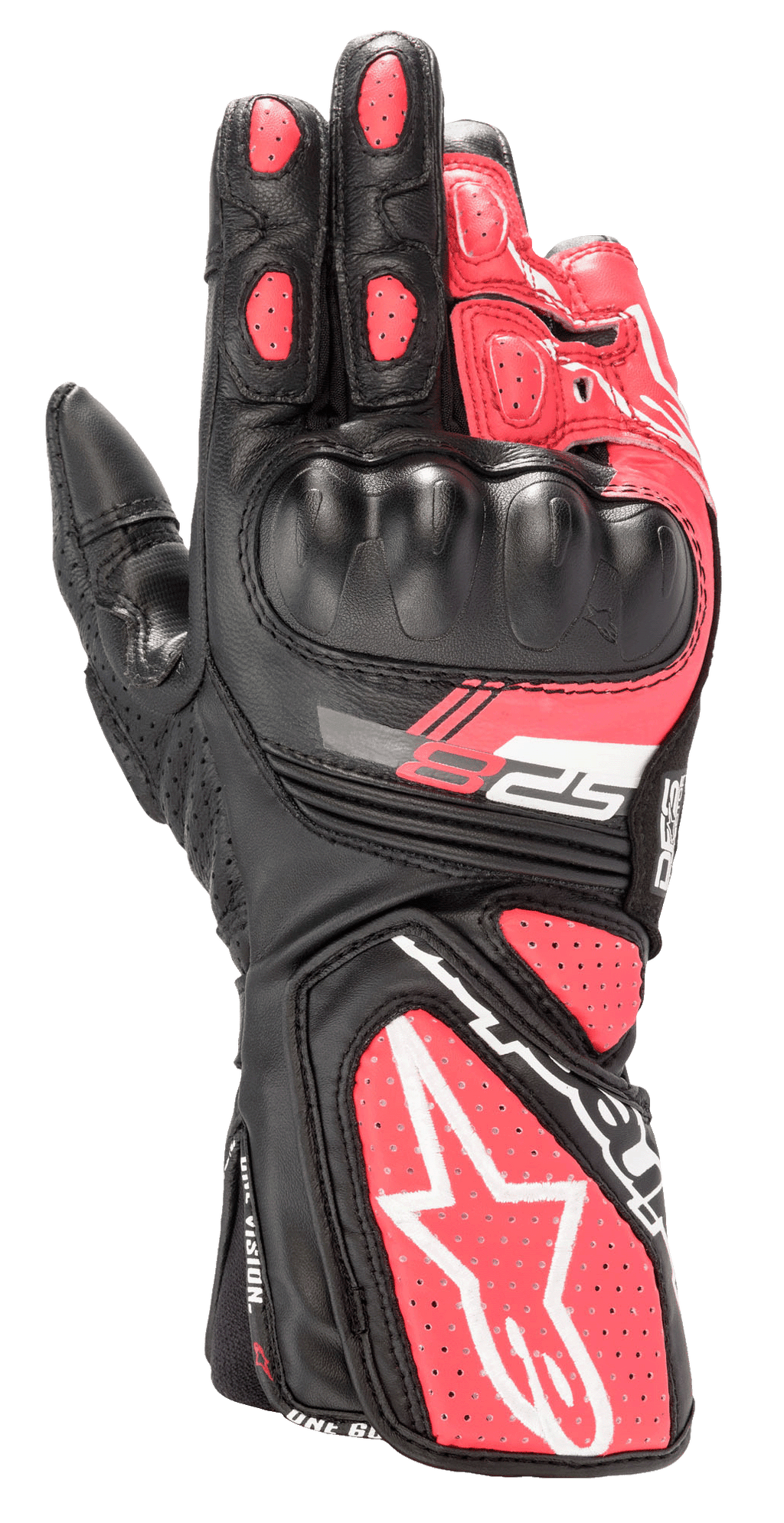 Guantes Alpinestars Stella SP-8 V3 para mujer, guantes deportivos de moto en negro, blanco y rosa diva, con protección rígida moldeada en los nudillos, paneles de cuero rosa perforado y puño largo con un gran logotipo de estrella blanca y marca SP-8.