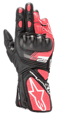 Guantes Alpinestars Stella SP-8 V3 para mujer, guantes deportivos de moto en negro, blanco y rosa diva, con protección rígida moldeada en los nudillos, paneles de cuero rosa perforado y puño largo con un gran logotipo de estrella blanca y marca SP-8.