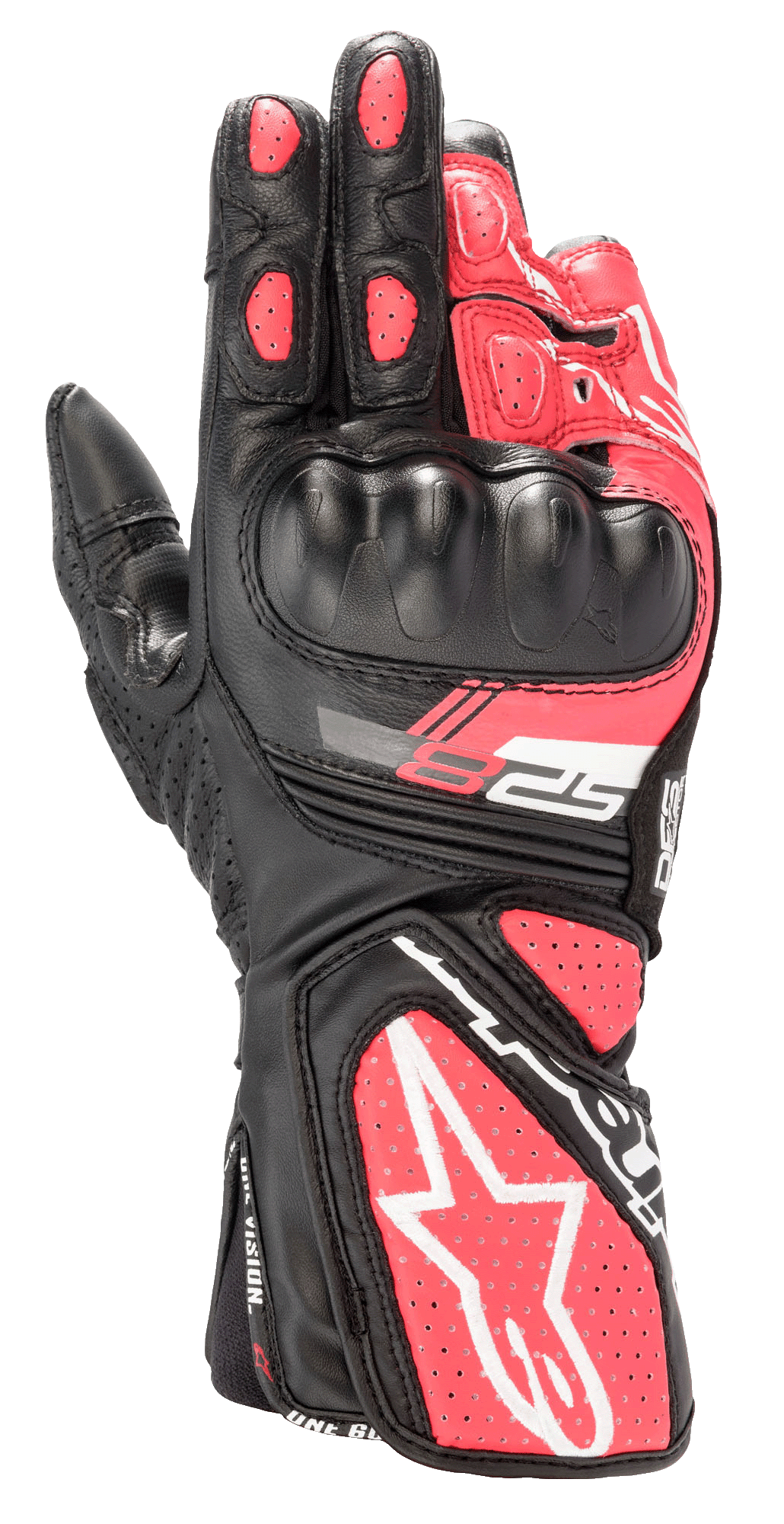 Guantes Alpinestars Stella SP-8 V3 para mujer, guantes deportivos de moto en negro, blanco y rosa diva, con protección rígida moldeada en los nudillos, paneles de cuero rosa perforado y puño largo con un gran logotipo de estrella blanca y marca SP-8.