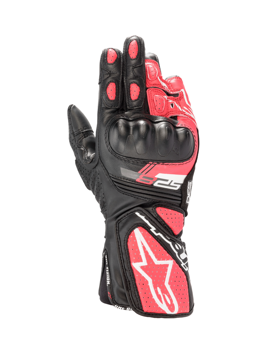 Alpinestars Stella SP-8 V3, guantes de moto para mujer, cuero negro y rosa diva con protección rígida y detalles blancos.