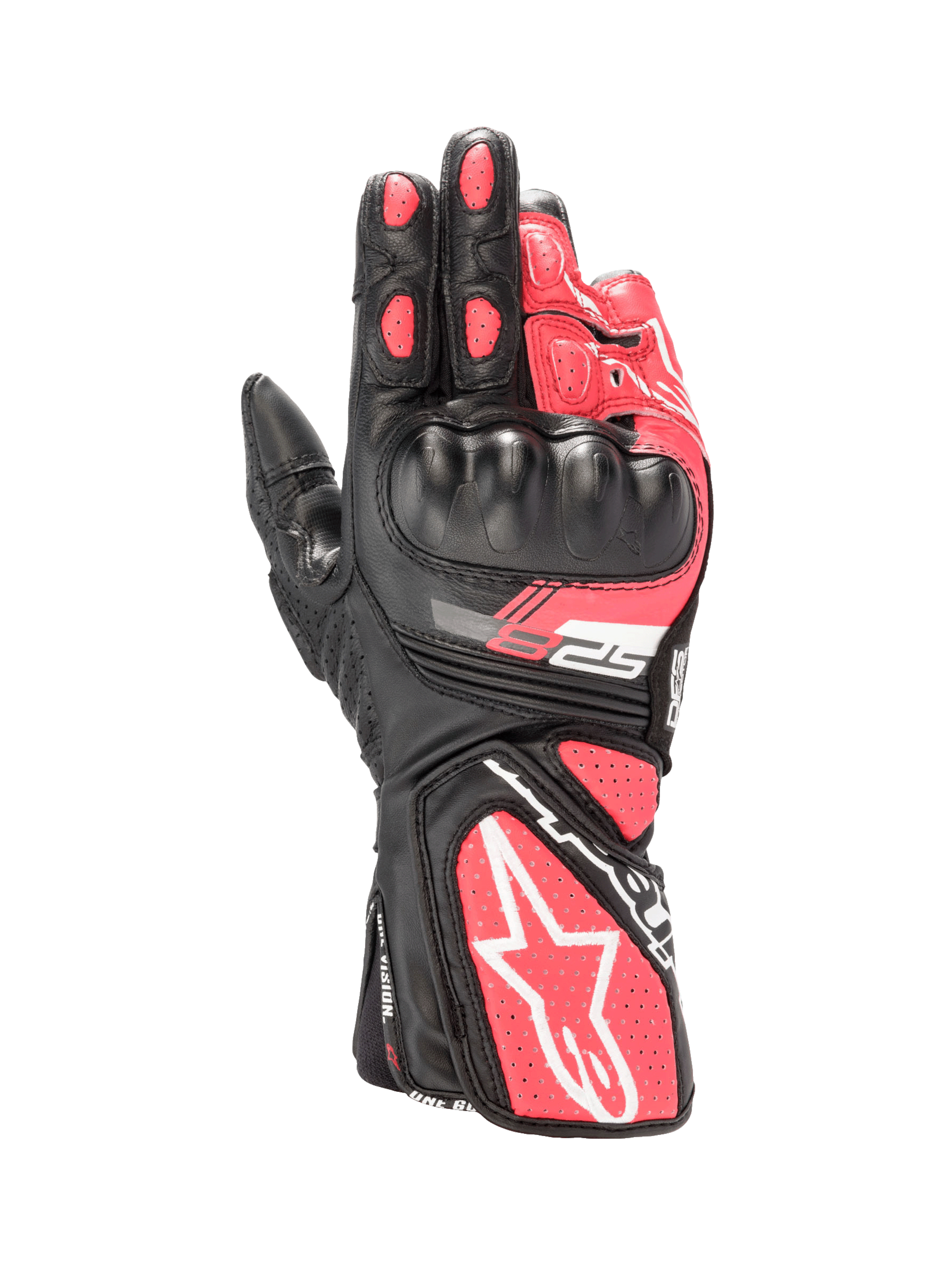 Alpinestars Stella SP-8 V3, guantes de moto para mujer, cuero negro y rosa diva con protección rígida y detalles blancos.