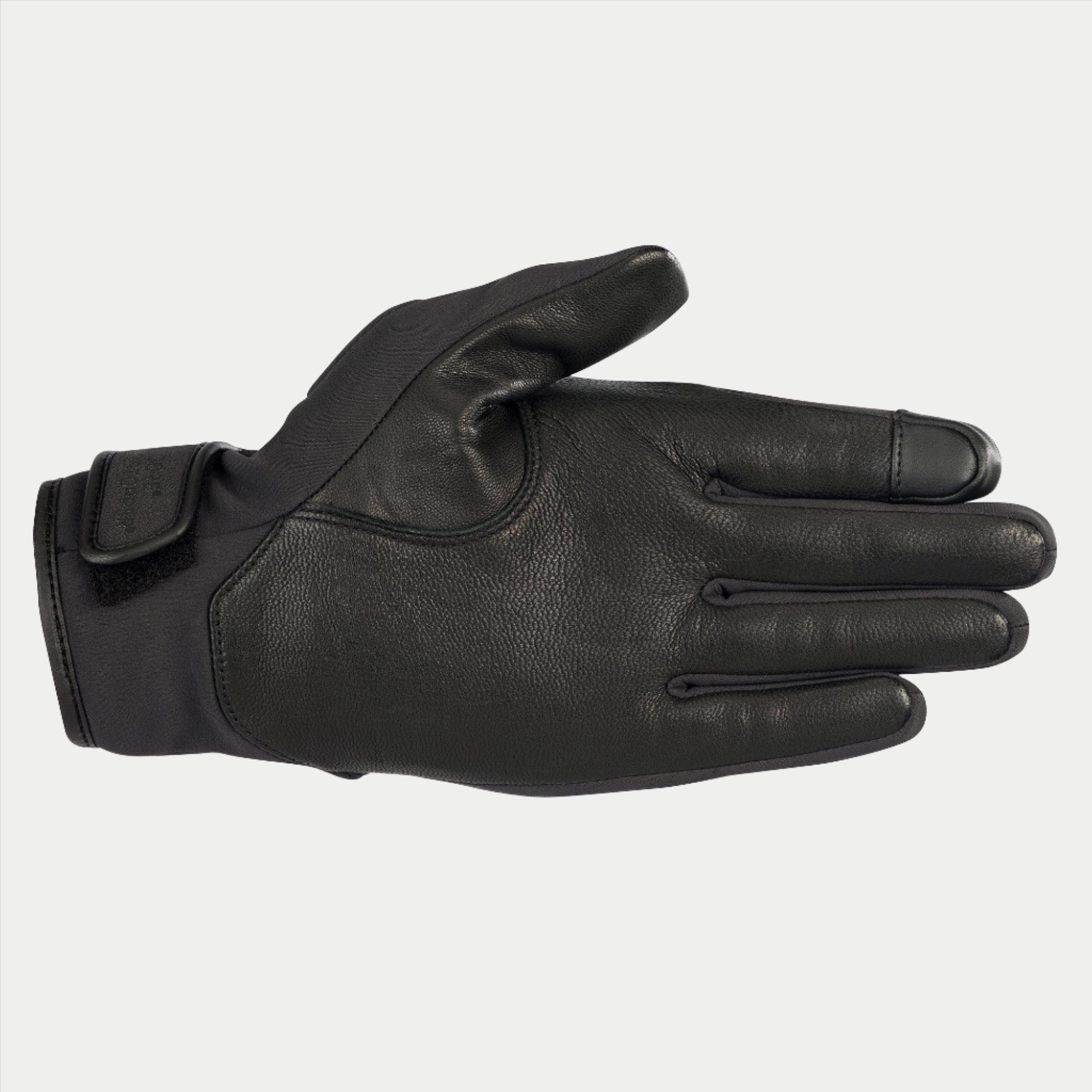 Guantes Alpinestars C1 Windstopper V2, negros, vista de la palma con refuerzos de cuero de plena flor en la palma y el pulgar, punta del dedo índice compatible con pantallas táctiles, puño corto con cierre de gancho y bucle, guante de moto para conducción urbana