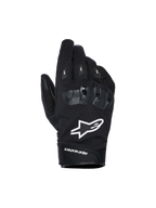 Alpinestars SP X Z Waterproof Gloves, Black motorcycle gloves with white star logo, featuring textured SP X TPU knuckle protection with glossy black segments, sleek street design with reinforced stitching, waterproof construction for all-weather riding