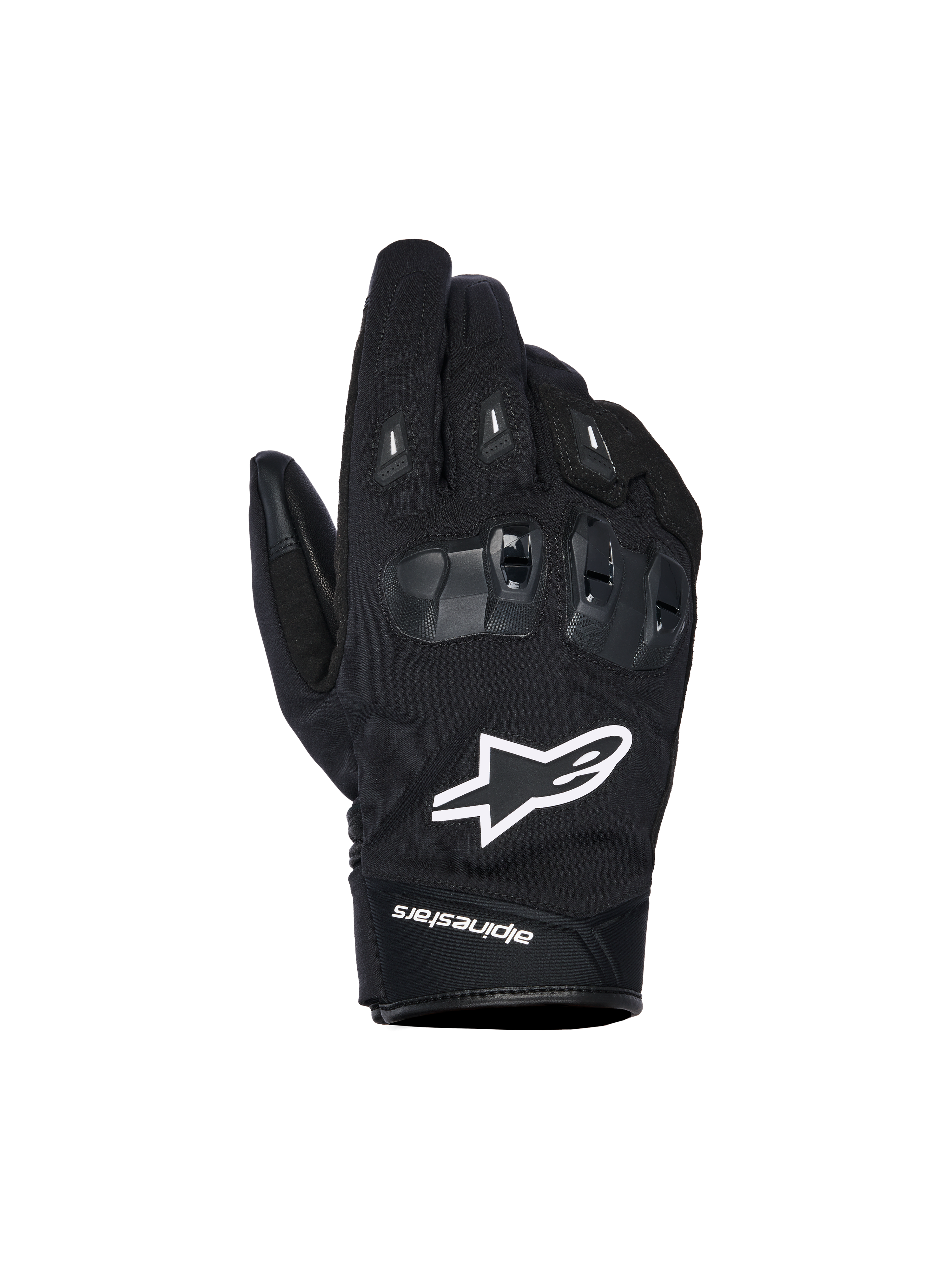 Guantes Alpinestars SP X Z Waterproof, guantes de moto negros con logo de estrella blanco, protección de nudillos SP X TPU texturizada con segmentos en negro brillante, diseño urbano estilizado con costuras reforzadas, construcción impermeable para conducción en cualquier clima