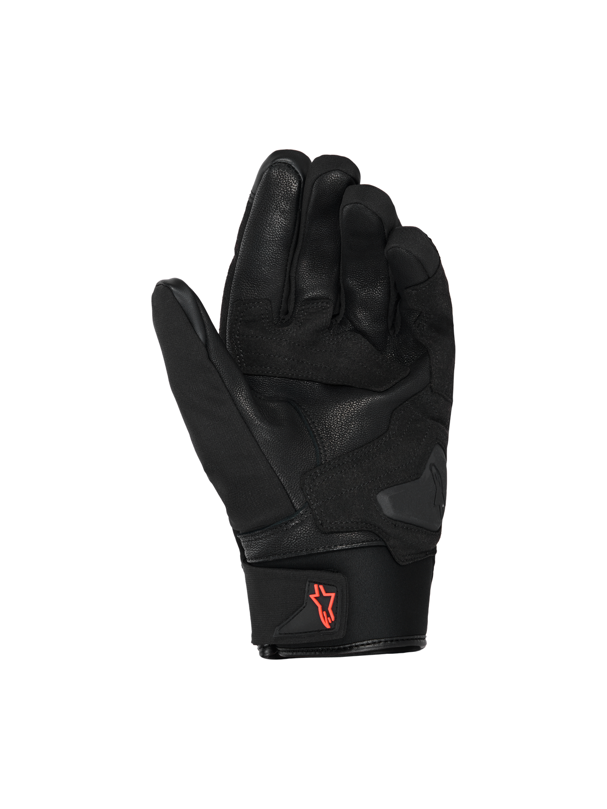Guantes impermeables Alpinestars SP X Z, guantes de moto, negros con logotipo rojo flúor, vista de la palma que muestra la construcción de cuero y zonas de agarre reforzadas, puño de neopreno con lengüeta de tracción, equipamiento de alto rendimiento para conducción urbana