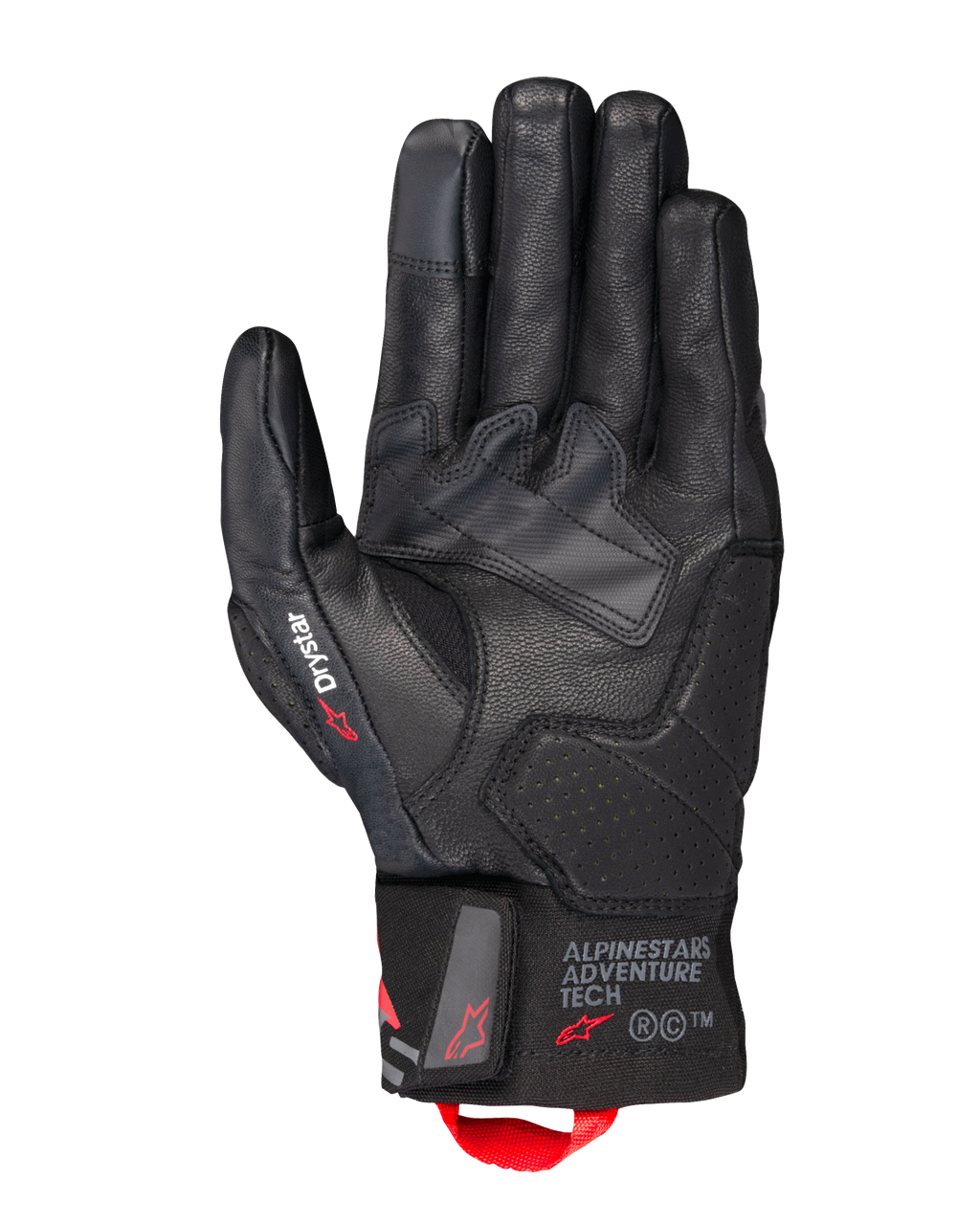 Guantes Alpinestars Belize V3 Drystar®, guantes de moto touring negros, vista de la palma con construcción de cuero y refuerzos perforados, marca Drystar en el pulgar, logotipo Adventure Tech en el puño y un tirador rojo.