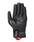 Guantes Alpinestars Belize V3 Drystar®, guantes de moto touring negros, vista de la palma con construcción de cuero y refuerzos perforados, marca Drystar en el pulgar, logotipo Adventure Tech en el puño y un tirador rojo.