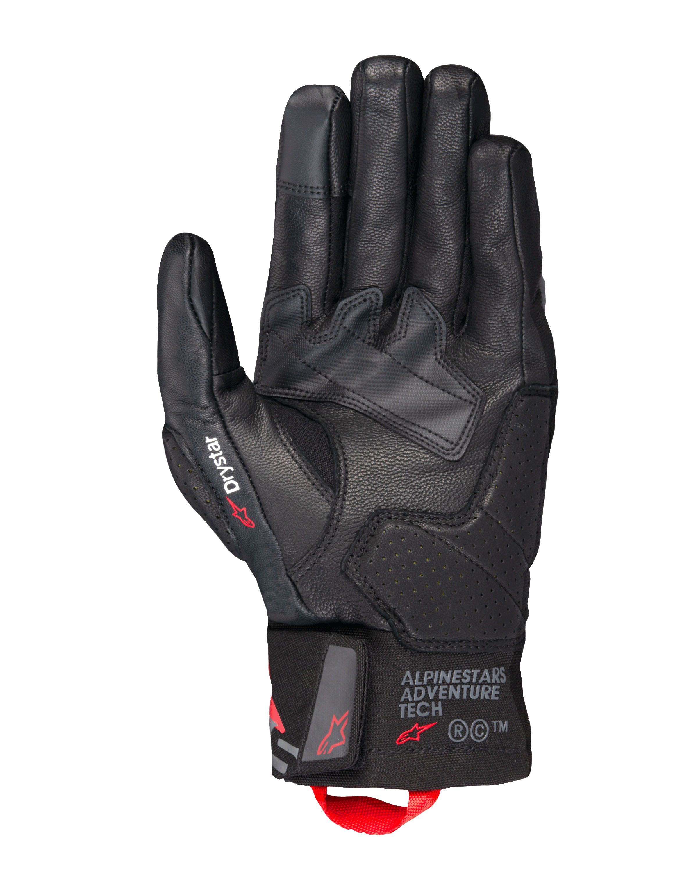 Guantes Alpinestars Belize V3 Drystar®, guantes de moto touring negros, vista de la palma con construcción de cuero y refuerzos perforados, marca Drystar en el pulgar, logotipo Adventure Tech en el puño y un tirador rojo.