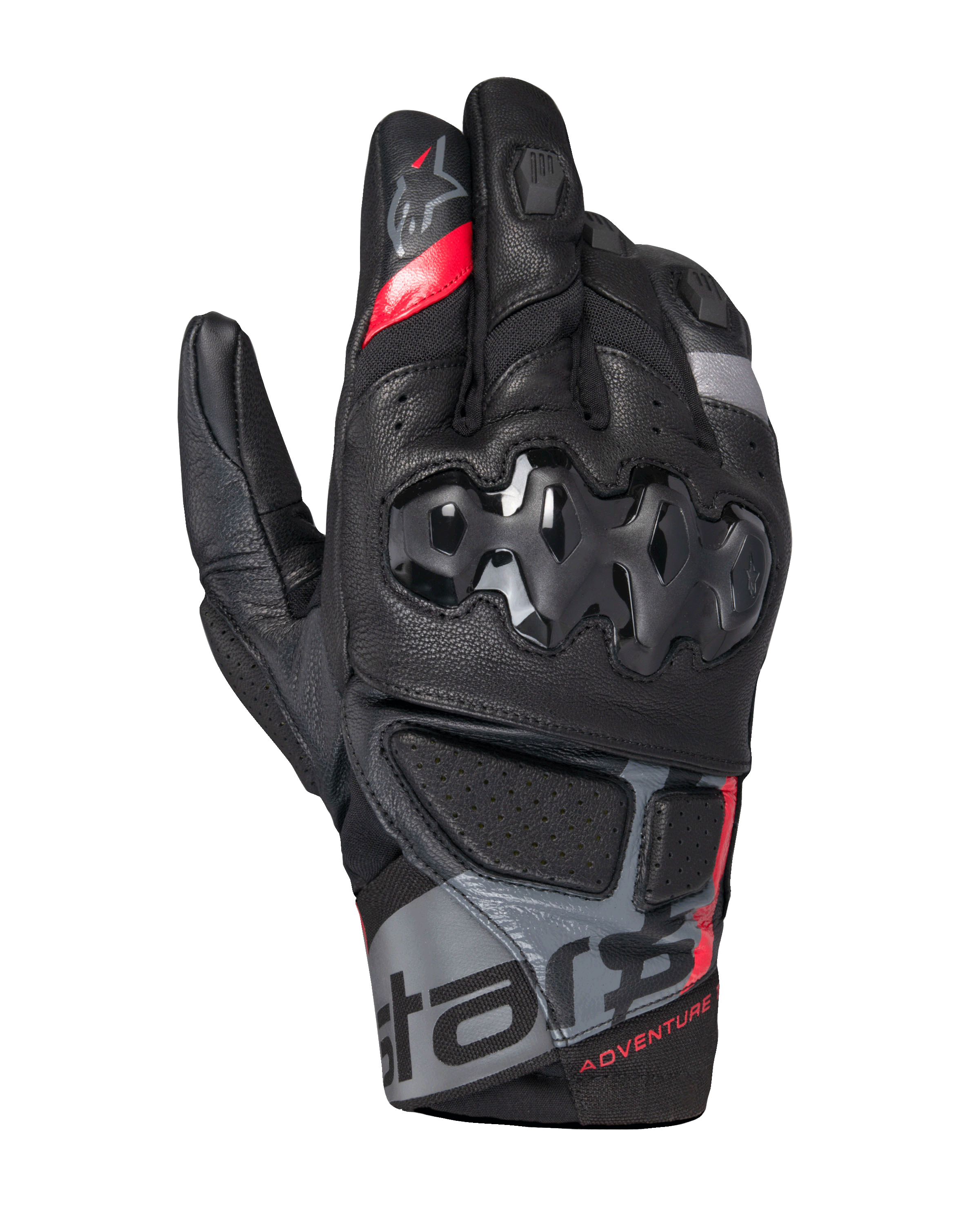 Alpinestars Belize V3 Drystar, guantes de moto para aventura con puño corto, negros con detalles en rojo y gris, con protección rígida de nudillos con patrón hexagonal, paneles de cuero perforado y logotipo 'ADVENTURE' en la muñeca.