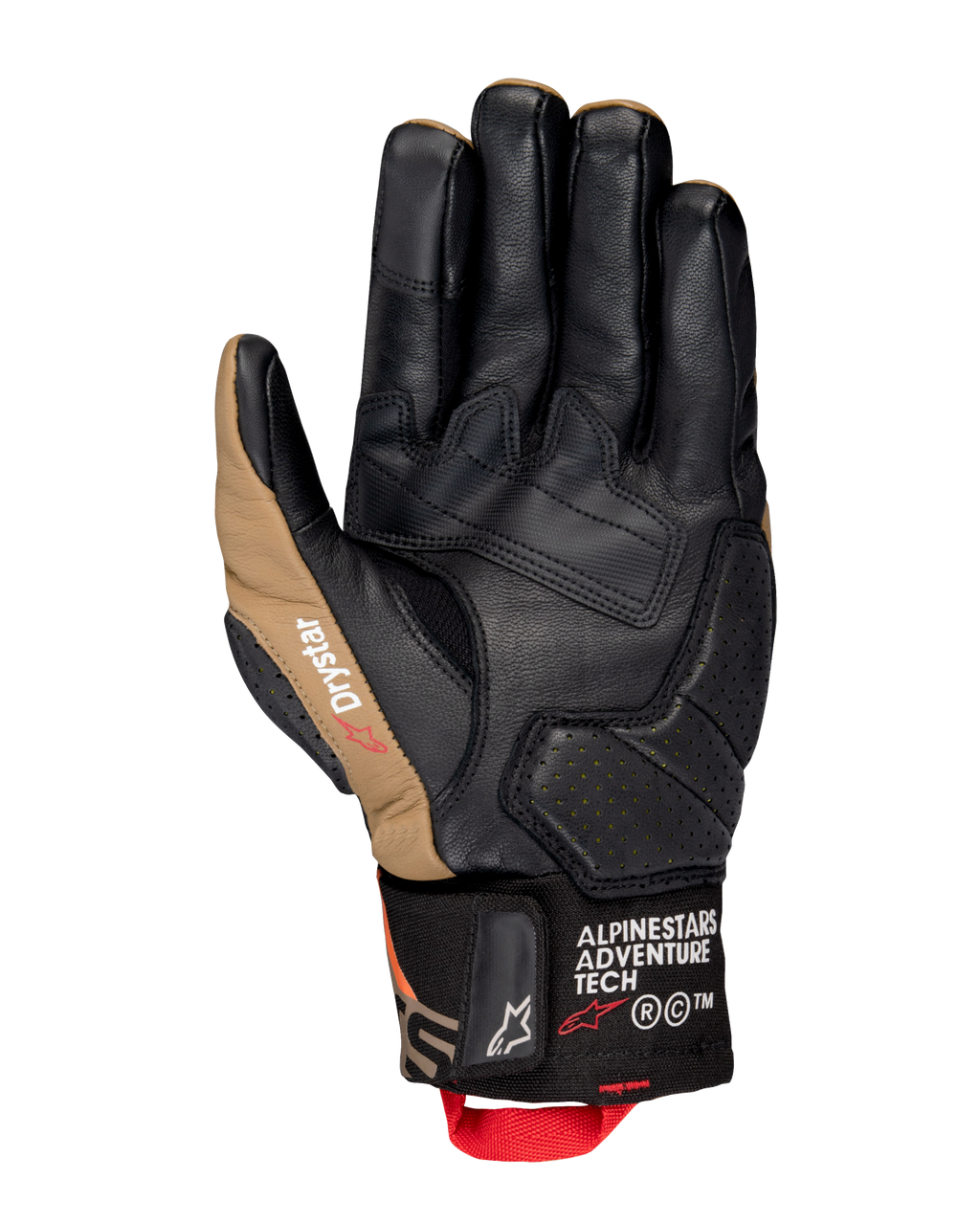 Guantes Alpinestars Belize V3 Drystar®, vista de la palma de un guante de moto de puño corto en negro y marrón Gobi, construcción de cuero con palma reforzada, detalles perforados y tirador rojo.