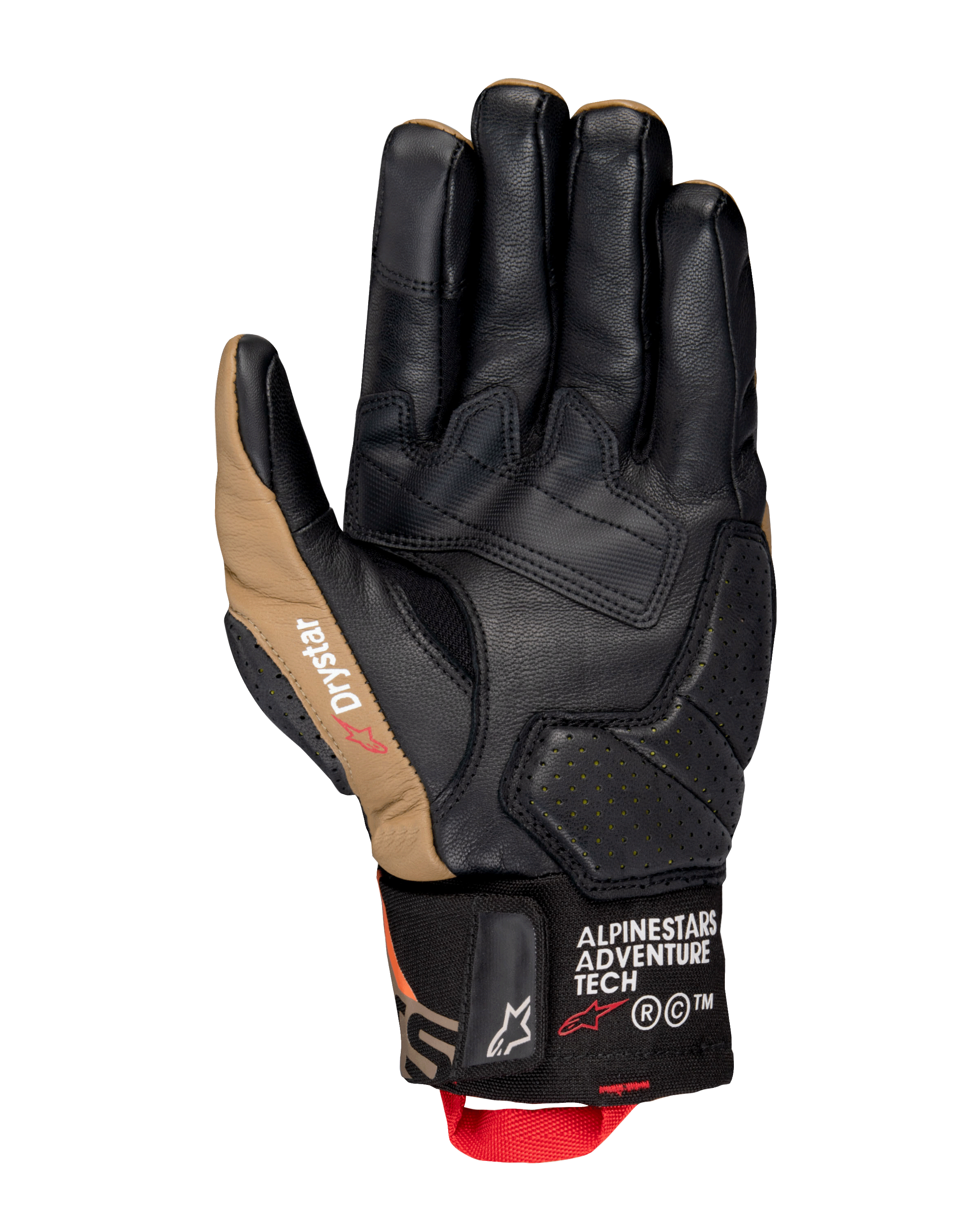 Guantes Alpinestars Belize V3 Drystar®, vista de la palma de un guante de moto de puño corto en negro y marrón Gobi, construcción de cuero con palma reforzada, detalles perforados y tirador rojo.