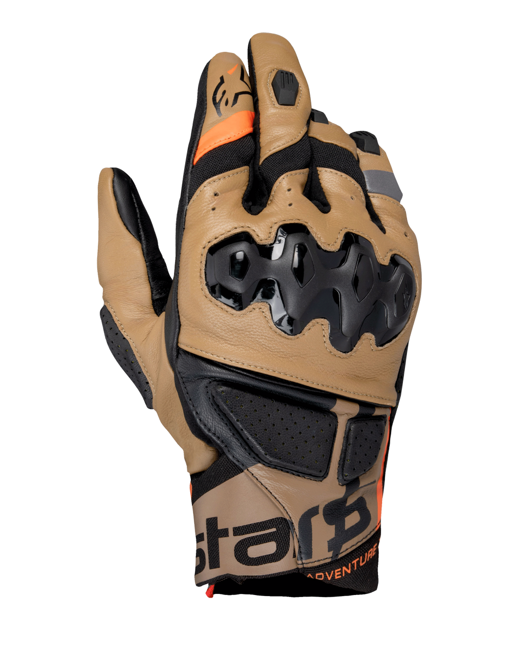 Guantes Alpinestars Belize V3 Drystar, guantes de moto para aventura, marrón Gobi y negro, con protección de nudillos SP inyectada, diseño de puño corto, paneles de cuero perforado, detalles en naranja y marca Alpinestars en el puño