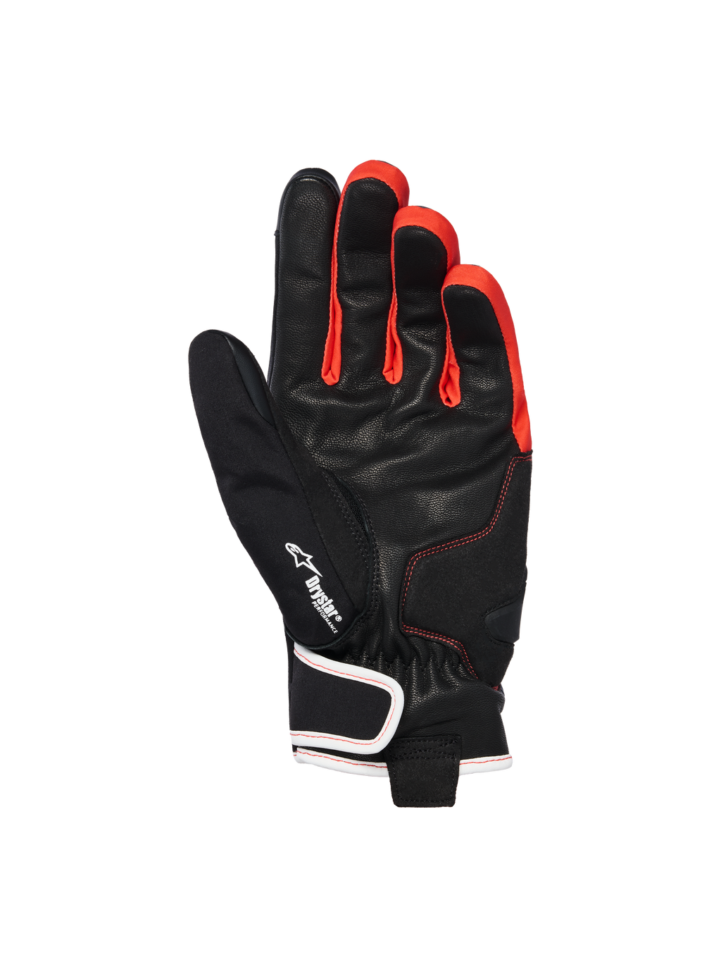 Guantes Alpinestars Moblast Waterproof, negro antracita naranja, vista de la palma que muestra la construcción en piel de cabra, con el logotipo Drystar, detalles en naranja vibrante entre los dedos y diseño de puño corto con cierre de muñeca con ribete blanco