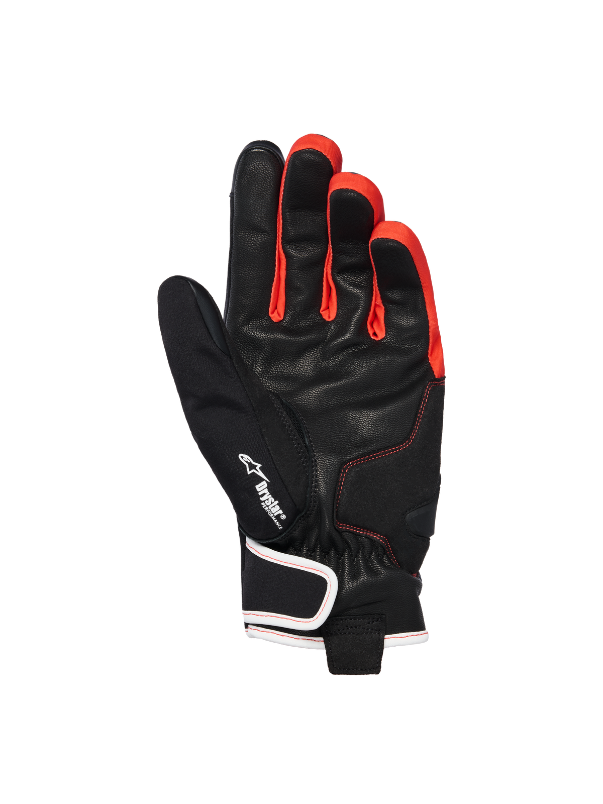 Guantes Alpinestars Moblast Waterproof, negro antracita naranja, vista de la palma que muestra la construcción en piel de cabra, con el logotipo Drystar, detalles en naranja vibrante entre los dedos y diseño de puño corto con cierre de muñeca con ribete blanco