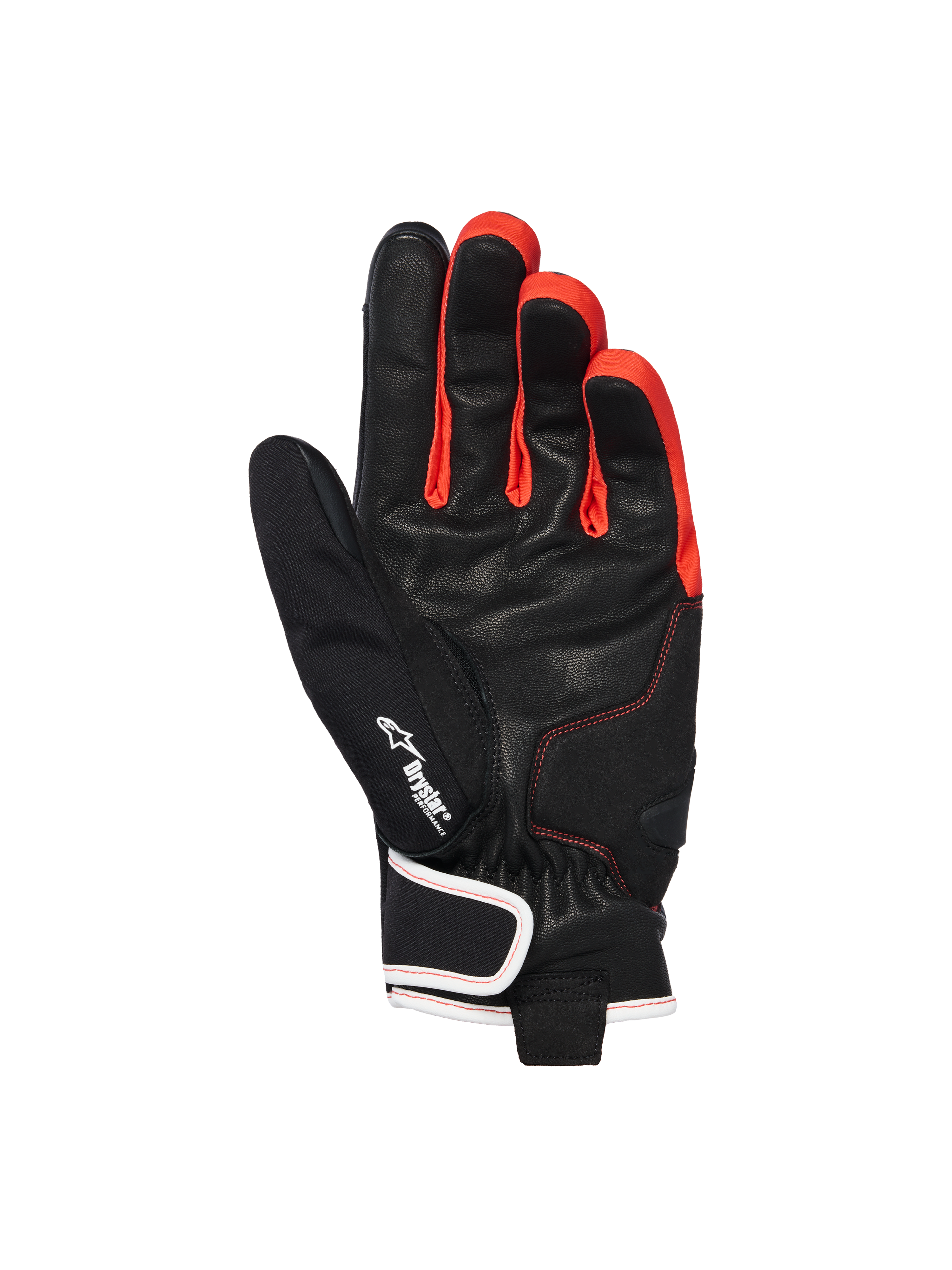 Guantes Alpinestars Moblast Waterproof, negro antracita naranja, vista de la palma que muestra la construcción en piel de cabra, con el logotipo Drystar, detalles en naranja vibrante entre los dedos y diseño de puño corto con cierre de muñeca con ribete blanco