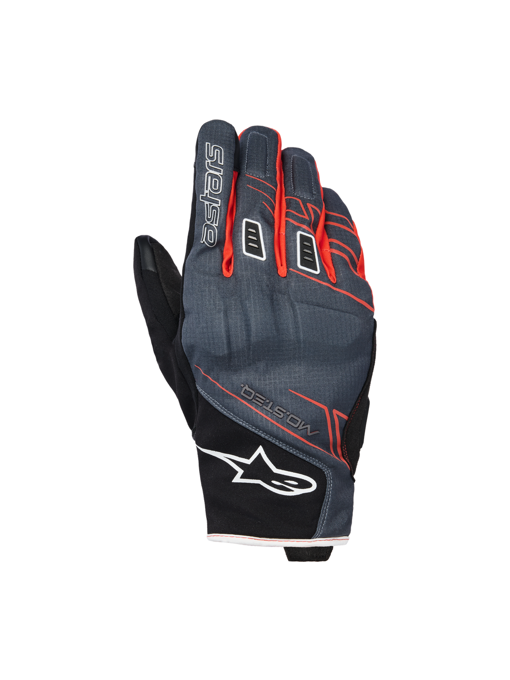 Guantes Alpinestars Moblast Waterproof, guantes de moto, color antracita y negro con detalles en naranja, diseño de puño corto con gráficos lineales rojo-anaranjados, logotipo de estrella de Alpinestars blanco en el puño y marca 'astars' en el dedo, dorso de tejido técnico para protección en todo tipo de clima