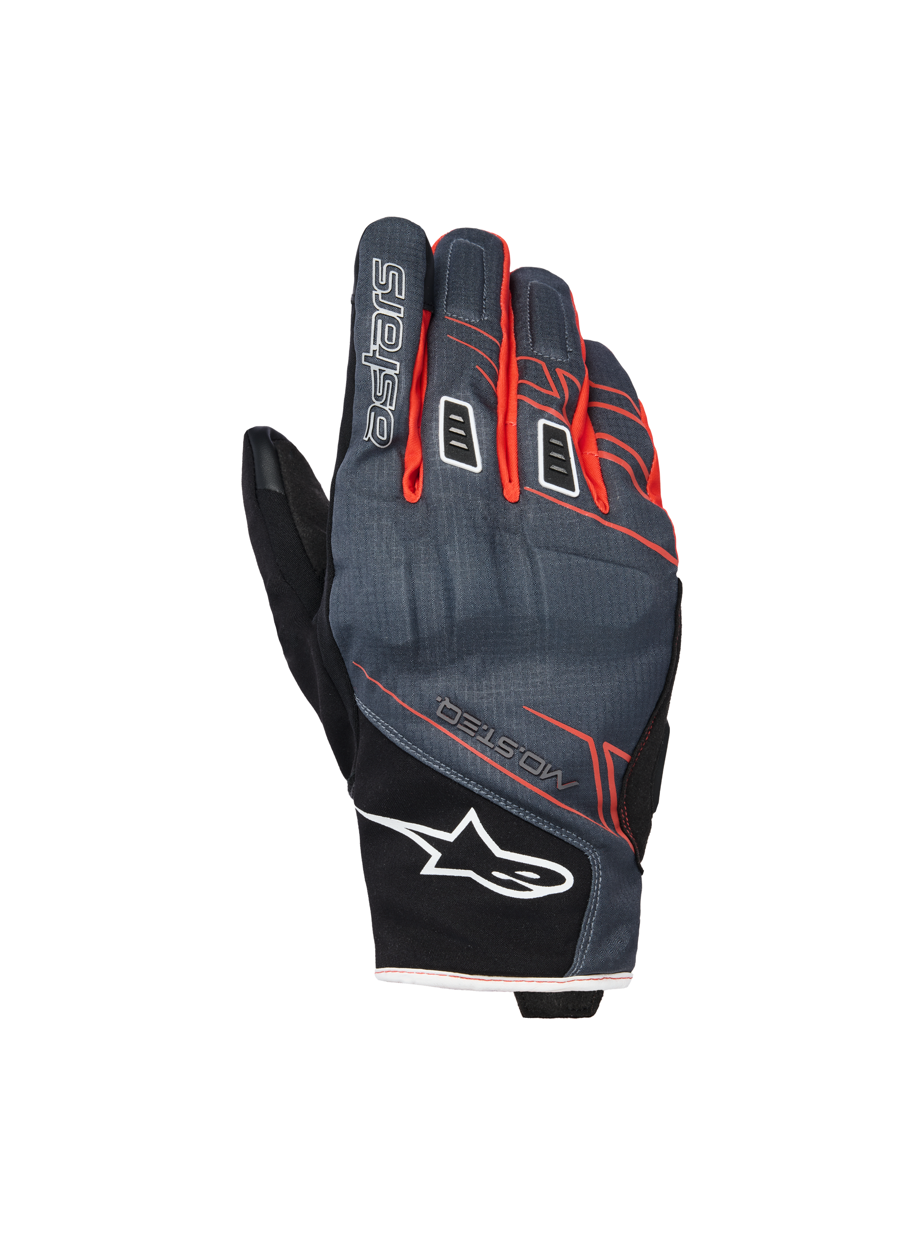 Guantes Alpinestars Moblast Waterproof, guantes de moto, color antracita y negro con detalles en naranja, diseño de puño corto con gráficos lineales rojo-anaranjados, logotipo de estrella de Alpinestars blanco en el puño y marca 'astars' en el dedo, dorso de tejido técnico para protección en todo tipo de clima