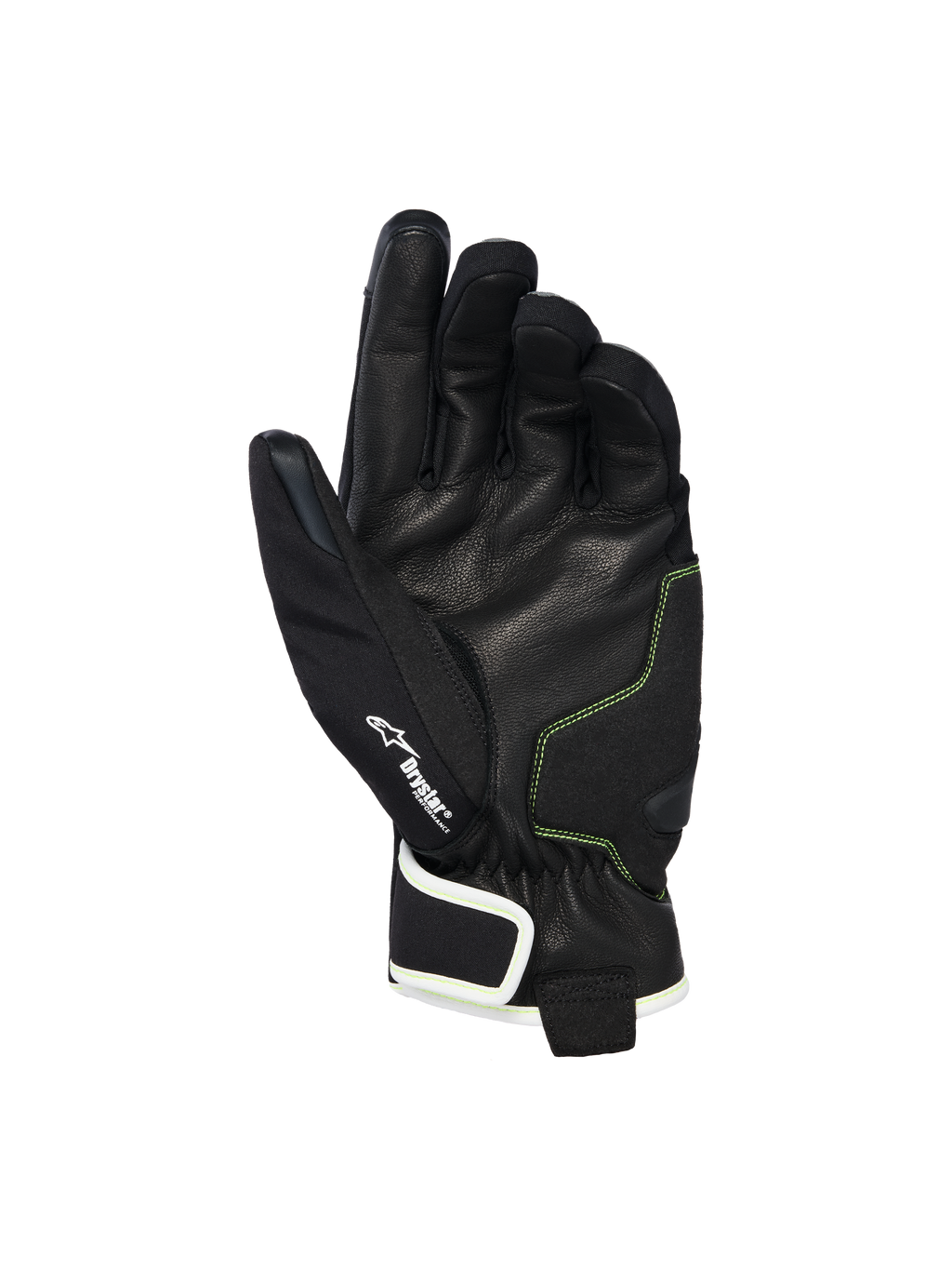 Guantes impermeables Alpinestars Moblast, vista de la palma que muestra cuero de cabra negro con costuras en Amarillo Azufre, detalle del logotipo Drystar®, guantes de moto de puño corto diseñados para el desplazamiento urbano en cualquier clima