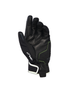 Guantes impermeables Alpinestars Moblast, vista de la palma que muestra cuero de cabra negro con costuras en Amarillo Azufre, detalle del logotipo Drystar®, guantes de moto de puño corto diseñados para el desplazamiento urbano en cualquier clima