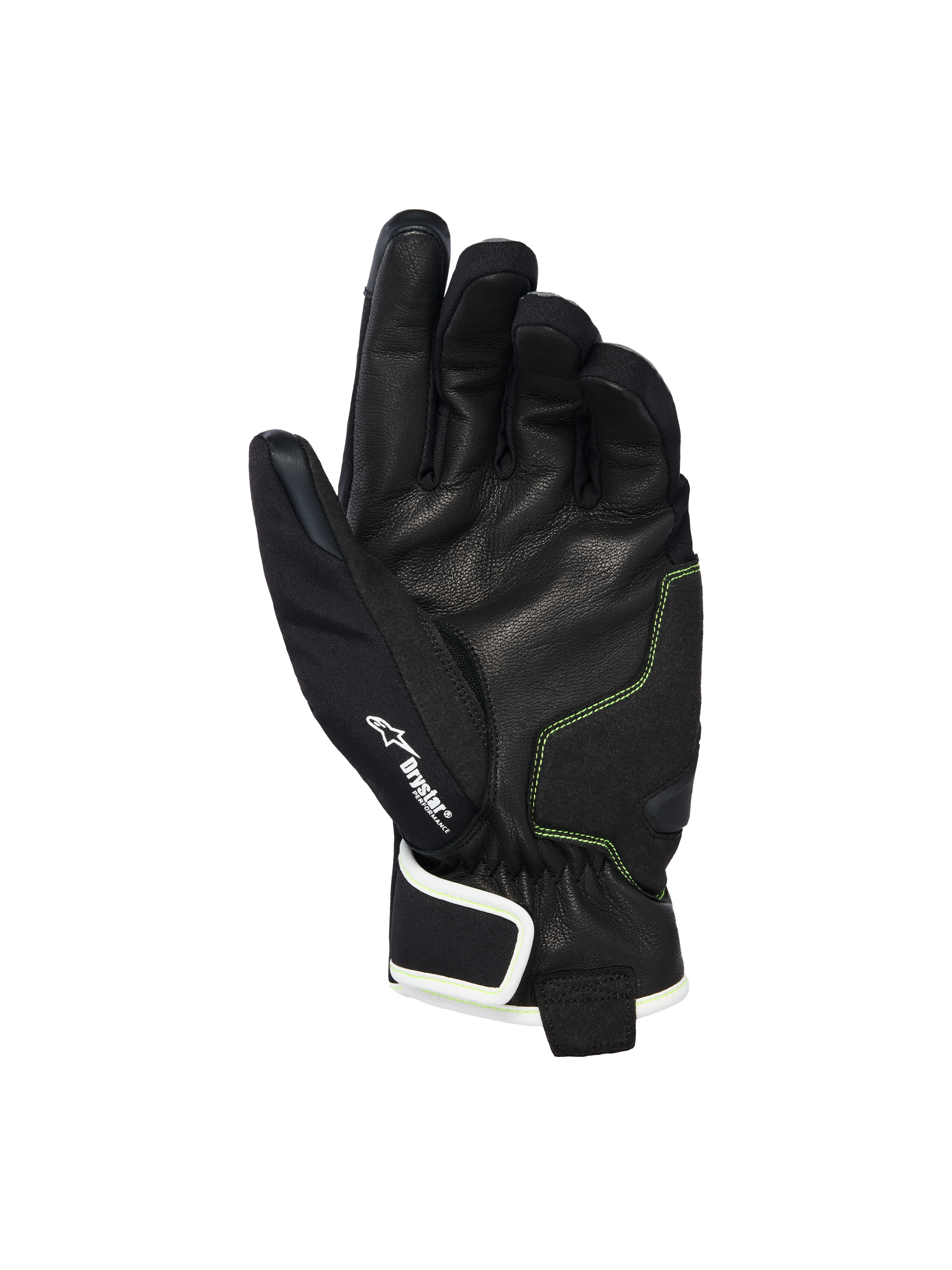 Guantes impermeables Alpinestars Moblast, vista de la palma que muestra cuero de cabra negro con costuras en Amarillo Azufre, detalle del logotipo Drystar®, guantes de moto de puño corto diseñados para el desplazamiento urbano en cualquier clima