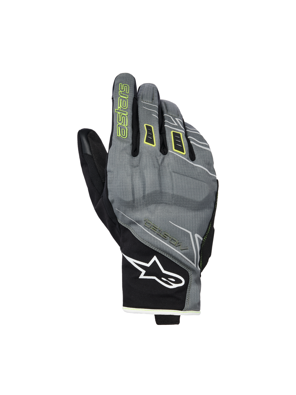 Guantes Alpinestars Moblast Waterproof, guantes de moto, gris y negro con detalles en amarillo azufre, diseño urbano de puño corto, logo Astar blanco en la muñeca, marca en amarillo neón en el dedo índice, tecnología Drystar para desplazamientos de media temporada