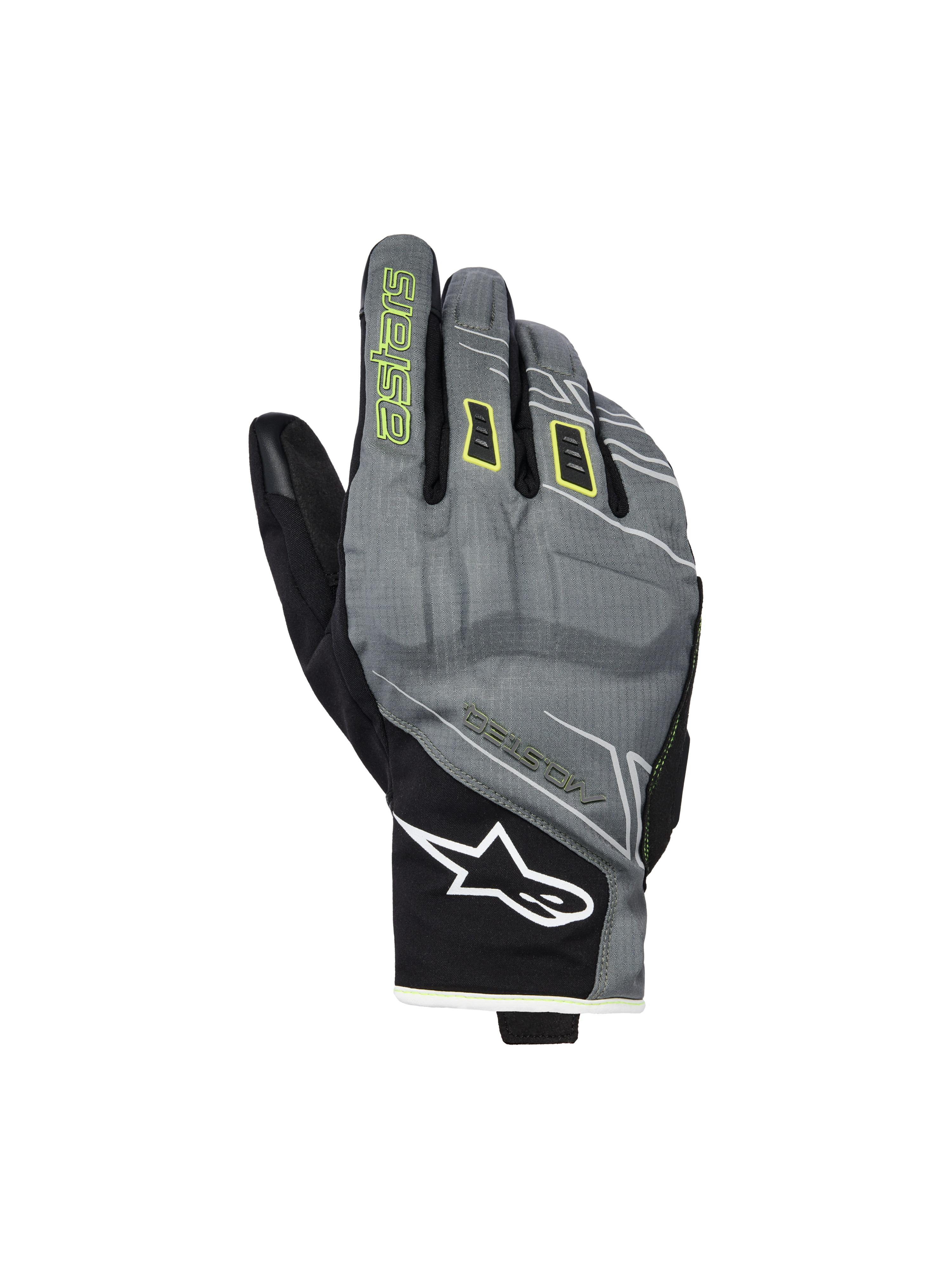 Guantes Alpinestars Moblast Waterproof, guantes de moto, gris y negro con detalles en amarillo azufre, diseño urbano de puño corto, logo Astar blanco en la muñeca, marca en amarillo neón en el dedo índice, tecnología Drystar para desplazamientos de media temporada