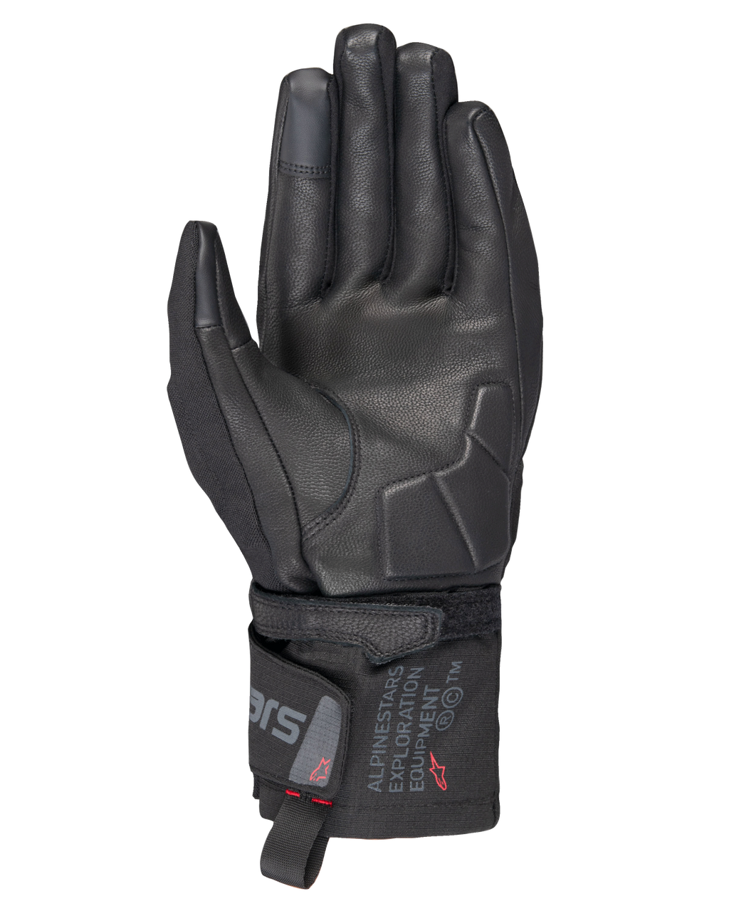 Guantes Alpinestars WT-3 Drystar® Insulated, guantes de moto negros, vista de la palma que muestra el refuerzo de cuero y la palma acolchada, puño de longitud media con la marca Alpinestars Exploration Equipment, puntas de los dedos compatibles con pantallas táctiles, protección duradera para turismo en cualquier clima.