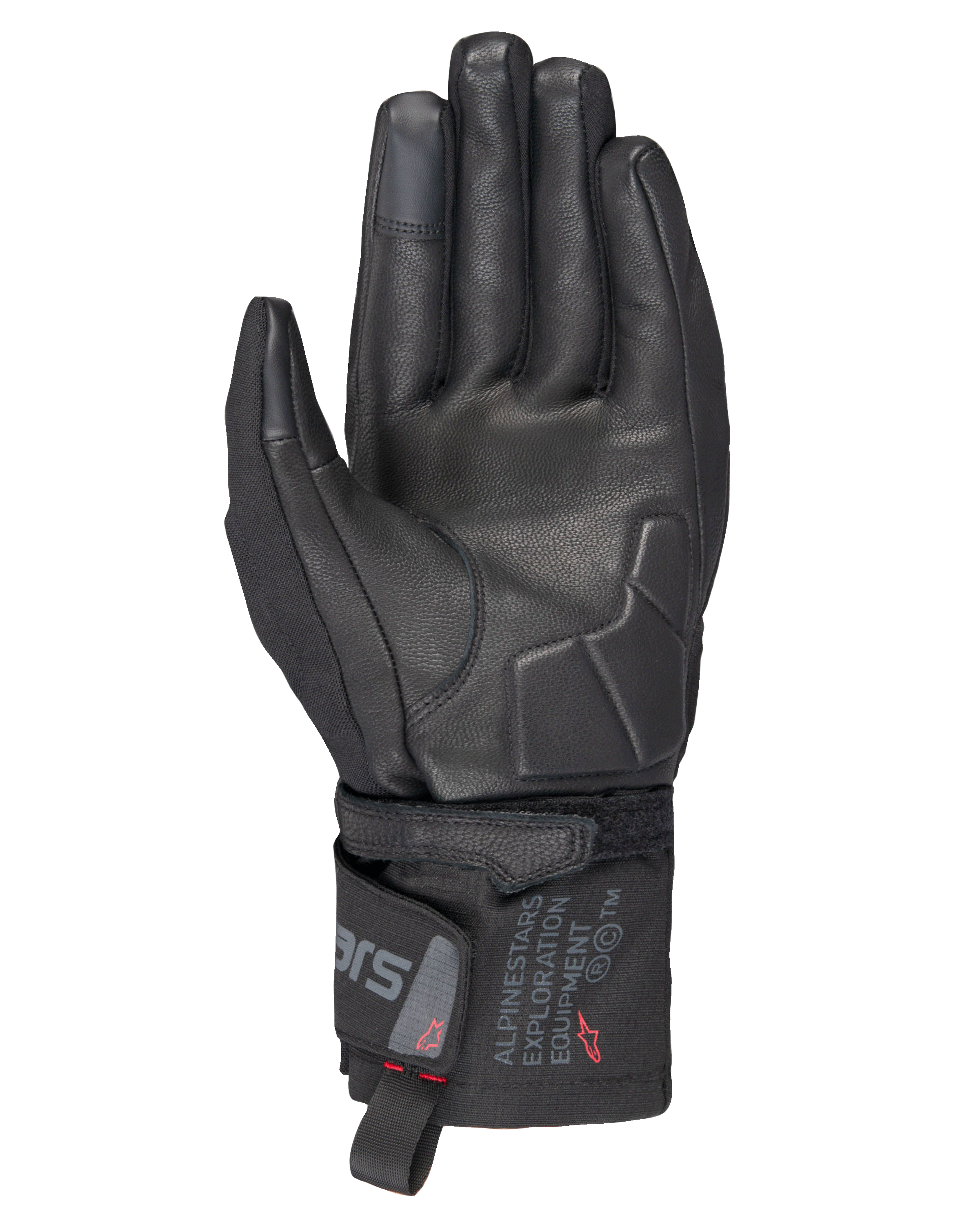 Guantes Alpinestars WT-3 Drystar® Insulated, guantes de moto negros, vista de la palma que muestra el refuerzo de cuero y la palma acolchada, puño de longitud media con la marca Alpinestars Exploration Equipment, puntas de los dedos compatibles con pantallas táctiles, protección duradera para turismo en cualquier clima.