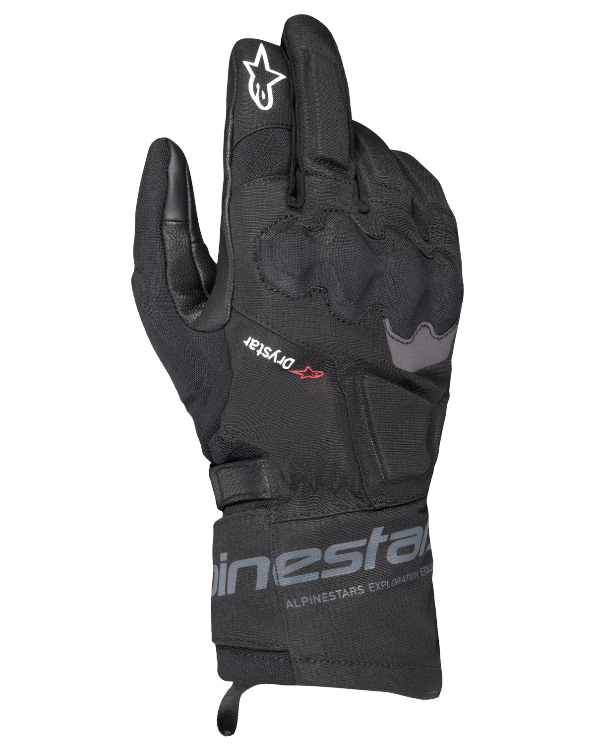 Alpinestars WT-3 Drystar Insulated Gloves, guantes negros de moto para turismo, construcción impermeable y aislada con protección de nudillos moldeada, logotipo de estrella blanca en el dedo índice y puño de longitud media con la marca Alpinestars.