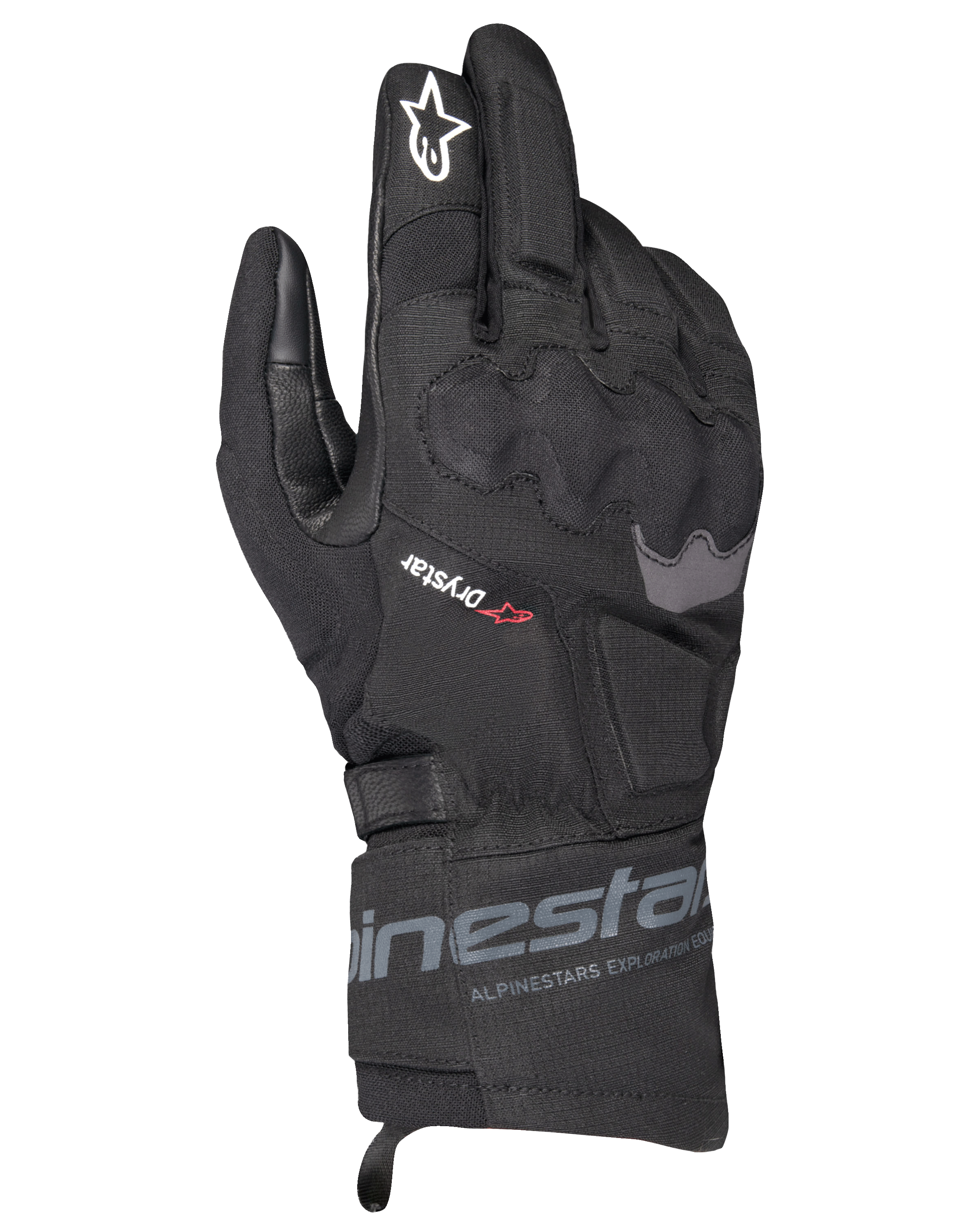 Alpinestars WT-3 Drystar Insulated Gloves, guantes negros de moto para turismo, construcción impermeable y aislada con protección de nudillos moldeada, logotipo de estrella blanca en el dedo índice y puño de longitud media con la marca Alpinestars.