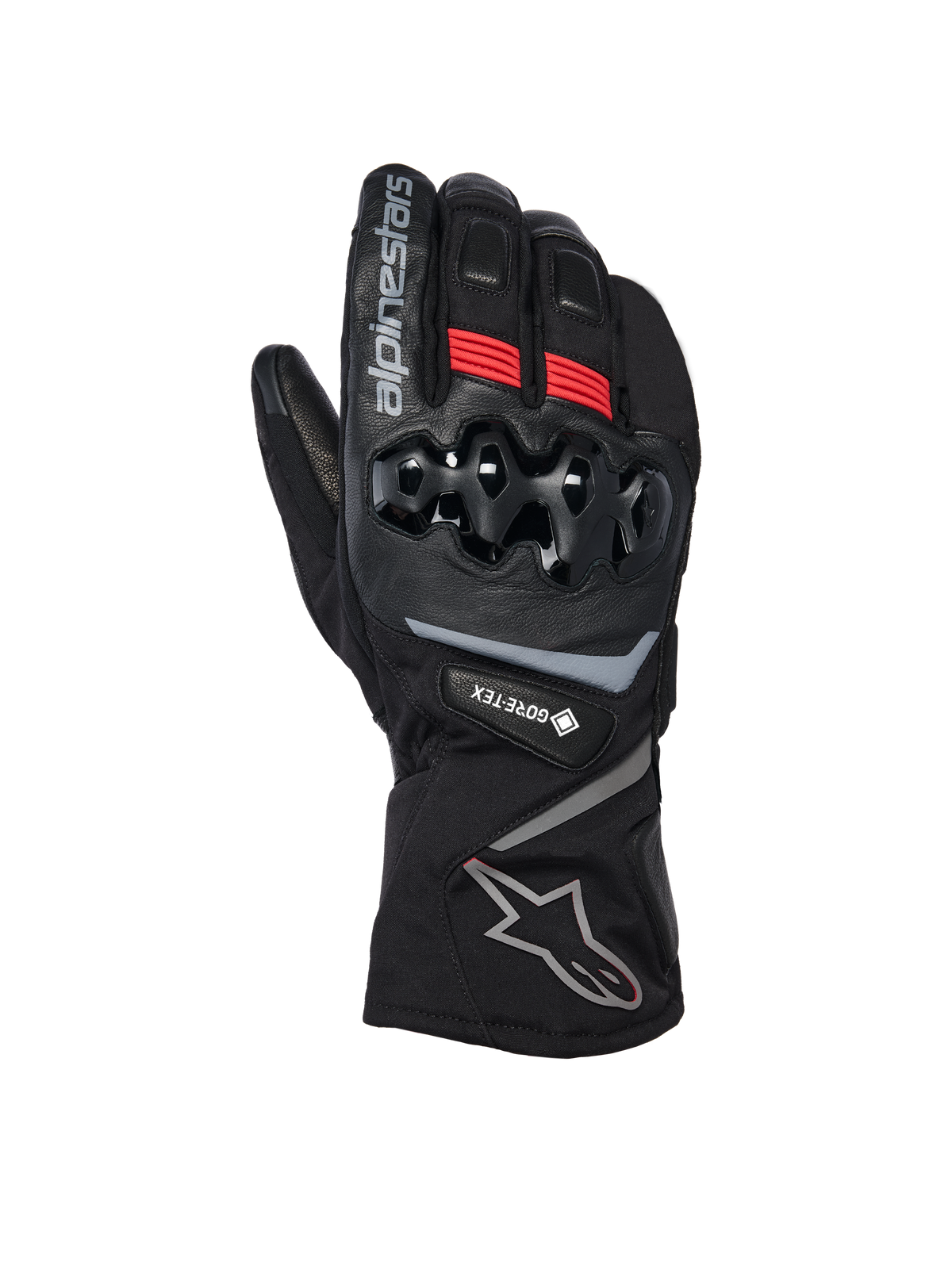 Guantes con aislamiento Alpinestars WT-8 GORE-TEX, guantes de invierno para moto, negros con detalles rojos y logotipos plateados, con protección de nudillos de TPU rígido, puño largo e impermeabilidad GORE-TEX para conducción en climas fríos