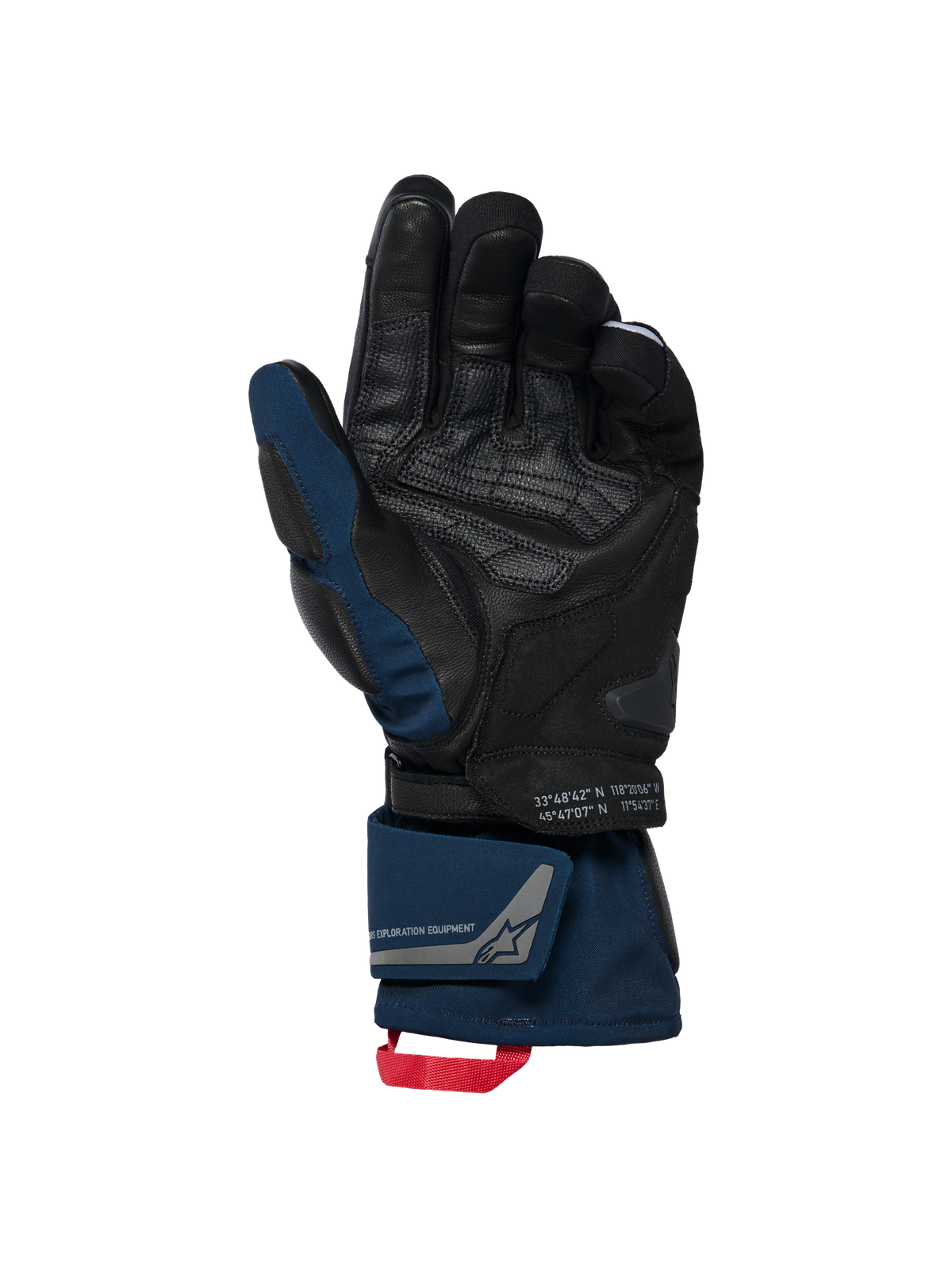 Guantes térmicos Alpinestars WT-8 GORE-TEX, negro y azul oscuro, vista de la palma con refuerzos de cuero y deslizador acolchado, diseño de puño largo con doble cierre en la muñeca y tirador rojo, con detalles de coordenadas y logotipo de equipo de exploración.