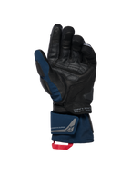 Guantes térmicos Alpinestars WT-8 GORE-TEX, negro y azul oscuro, vista de la palma con refuerzos de cuero y deslizador acolchado, diseño de puño largo con doble cierre en la muñeca y tirador rojo, con detalles de coordenadas y logotipo de equipo de exploración.