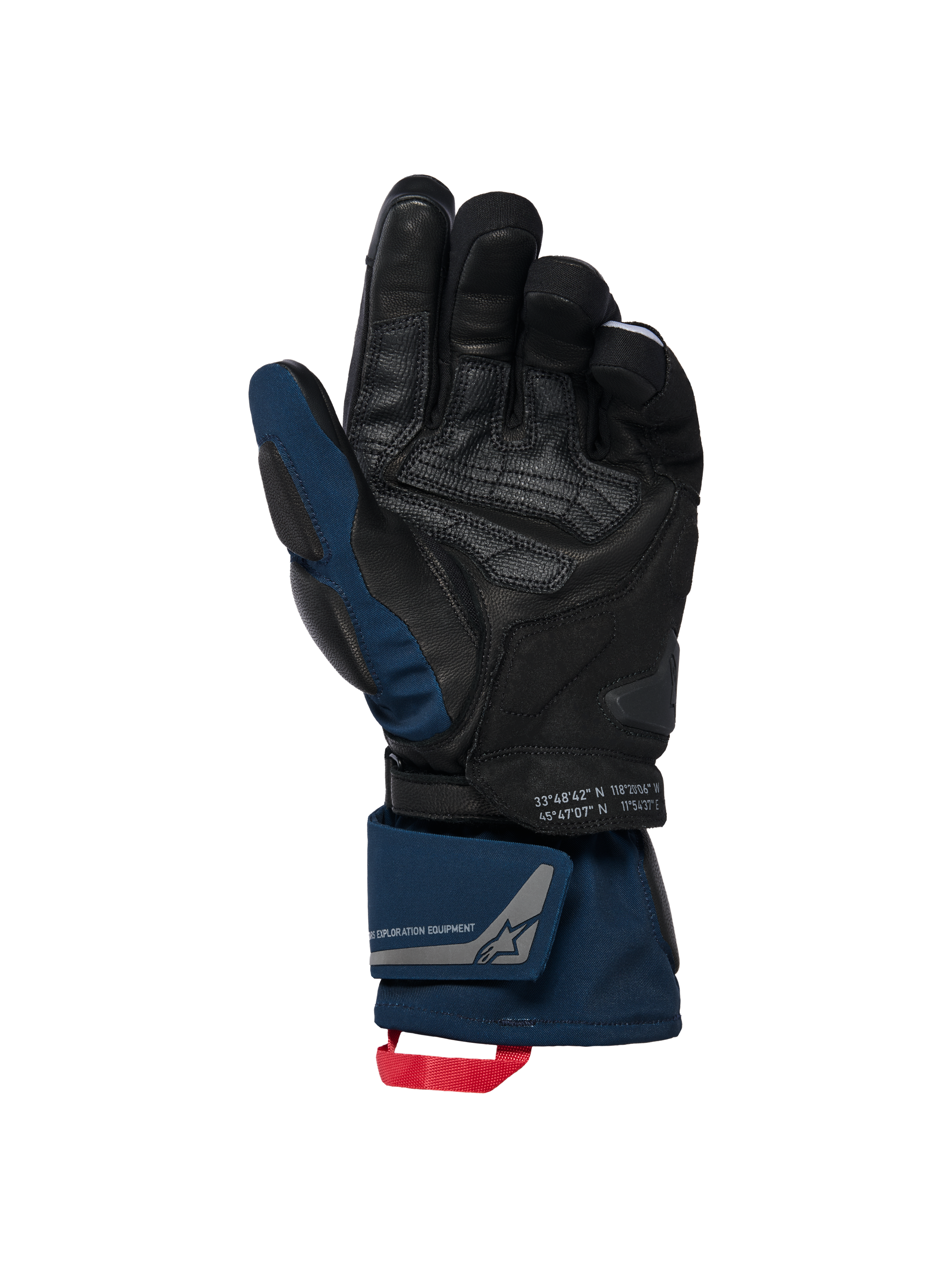 Guantes térmicos Alpinestars WT-8 GORE-TEX, negro y azul oscuro, vista de la palma con refuerzos de cuero y deslizador acolchado, diseño de puño largo con doble cierre en la muñeca y tirador rojo, con detalles de coordenadas y logotipo de equipo de exploración.