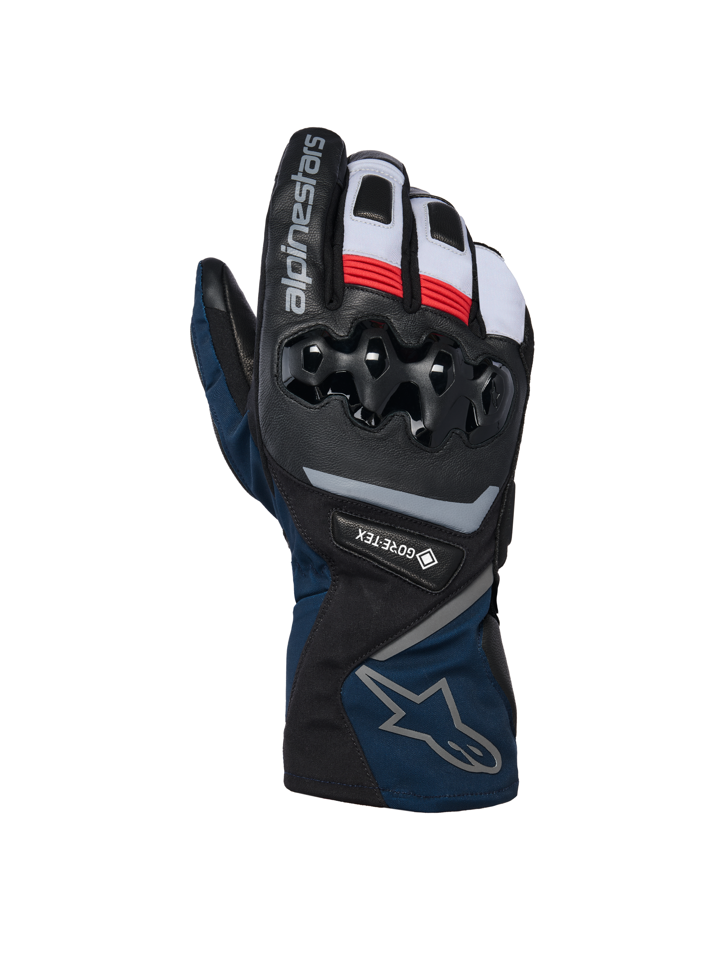Alpinestars WT-8 GORE-TEX Insulated Gloves, guantes de moto para invierno, negro y azul oscuro con detalles en rojo y blanco, con protección de nudillos de TPU rígido, marca GORE-TEX y diseño de puño largo