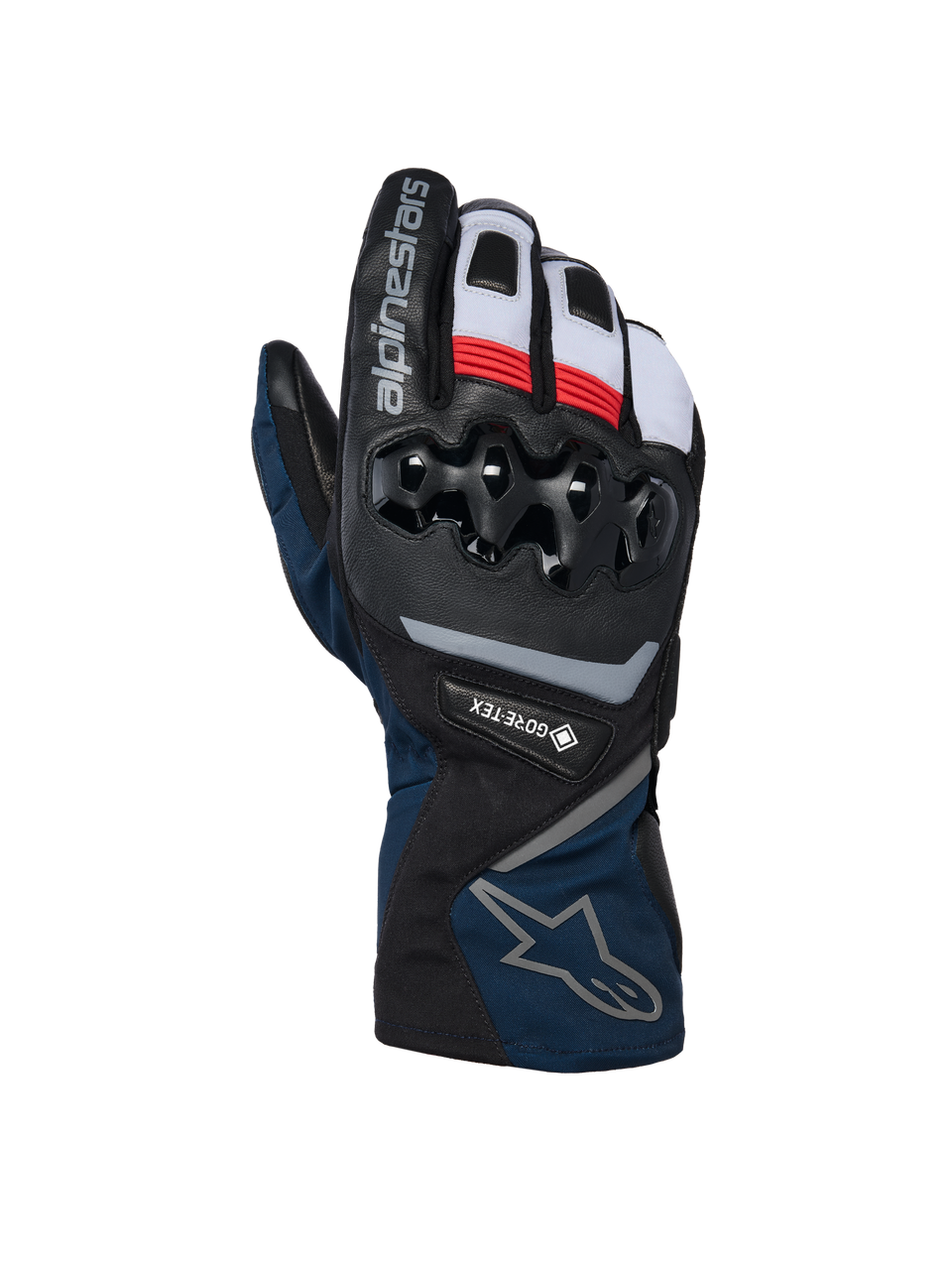 Alpinestars WT-8 GORE-TEX Insulated Gloves, guantes de moto para invierno, negro y azul oscuro con detalles en rojo y blanco, con protección de nudillos de TPU rígido, marca GORE-TEX y diseño de puño largo