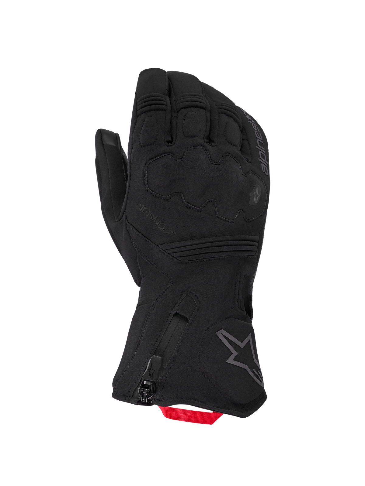 Alpinestars Wt-5 Drystar Insulated Gloves, guantes de moto para aventura de invierno, negros con lengüeta de tiro roja, membrana impermeable Drystar y acolchado protector en los nudillos