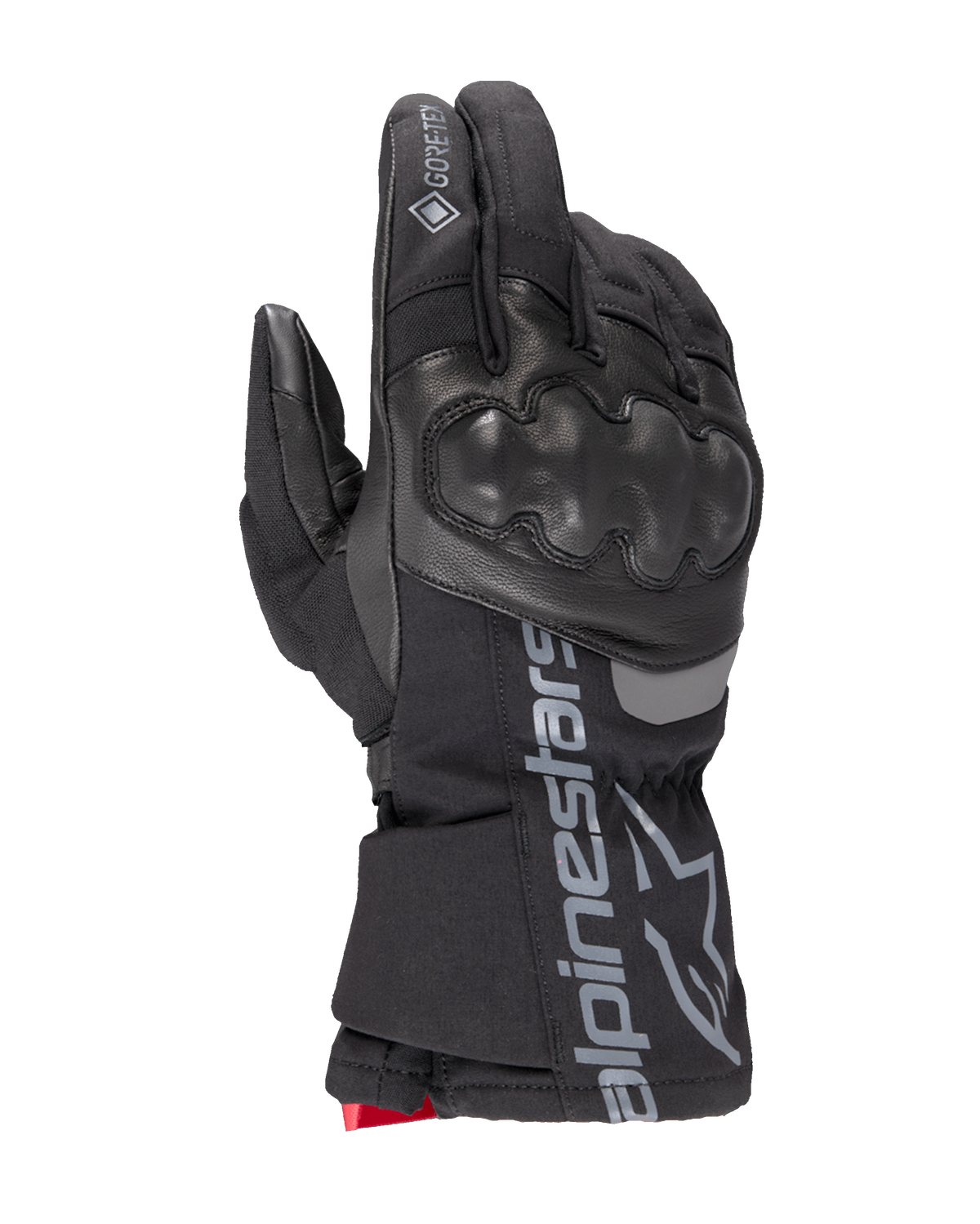 Alpinestars WT-4 Gore-Tex Insulated Glove, guante de moto negro, protección rígida de nudillos, confección en cuero y tejido, tecnología impermeable GORE-TEX, logotipo y marca Alpinestars en plateado en el puño, detalle rojo en la muñeca, guante para conducción en invierno