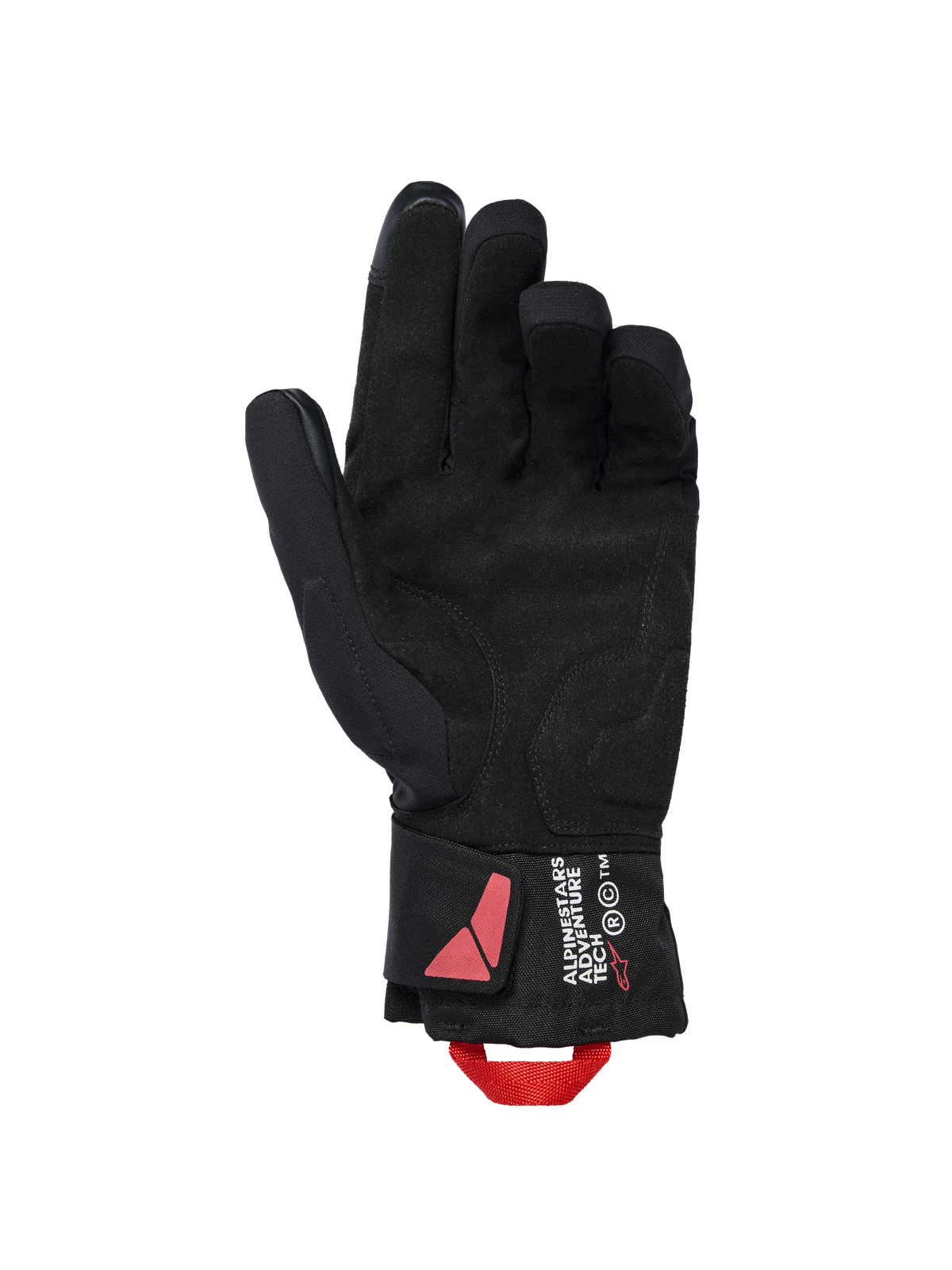 Guantes Alpinestars XT-3 Drystar® Insulated, guantes de moto negros, vista de la palma con material de gamuza y tirador rojo, marca Alpinestars Adventure Tech en el puño, equipamiento impermeable para conducción en invierno
