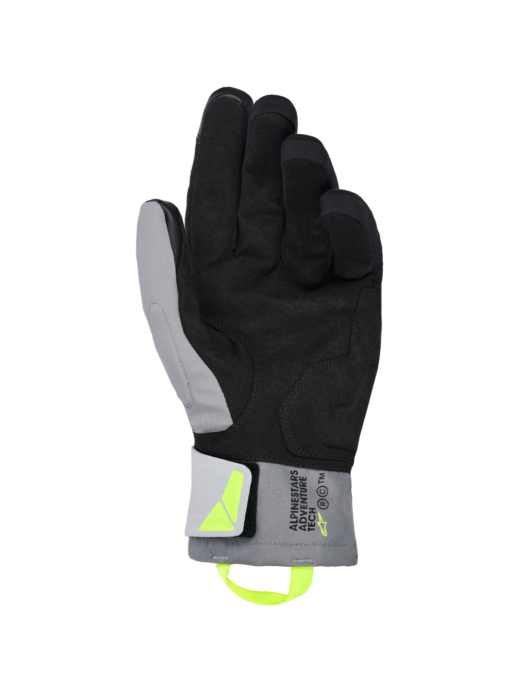 Guantes Alpinestars XT-3 Drystar® Insulated, guantes de moto en negro y gris oscuro, vista de la palma con gamuza negra suave y textil gris, tirador y logotipo en amarillo fluorescente, marca 'ALPINESTARS ADVENTURE TECH' en el puño, impermeables y térmicos para conducción de aventura