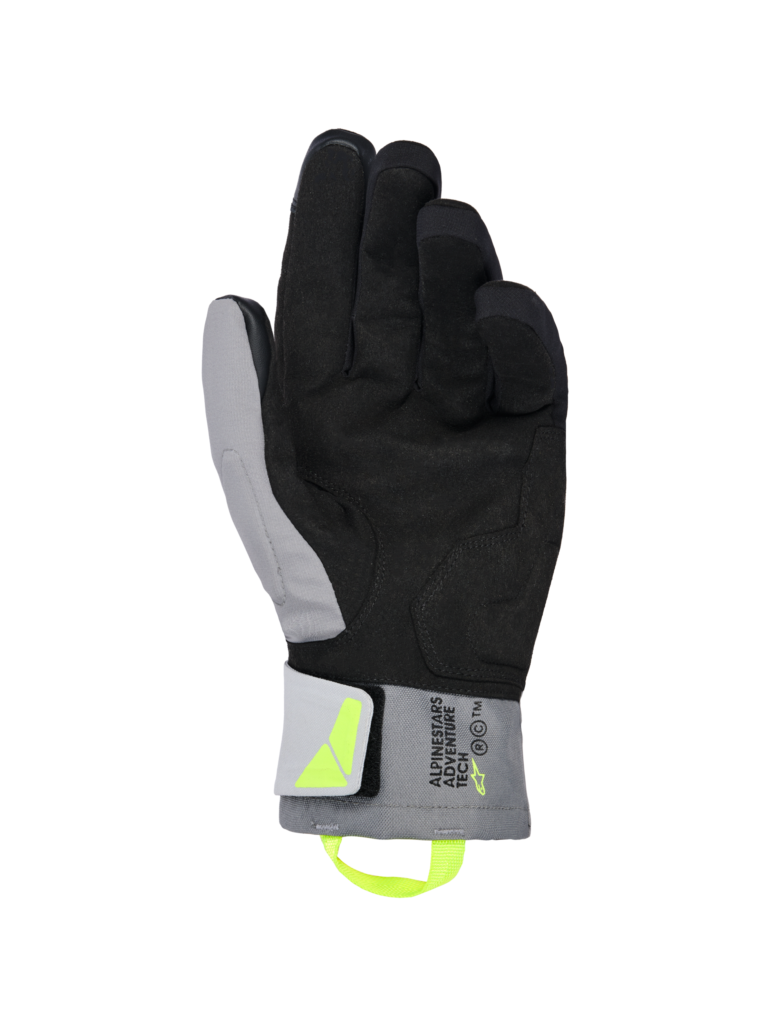Guantes Alpinestars XT-3 Drystar® Insulated, guantes de moto en negro y gris oscuro, vista de la palma con gamuza negra suave y textil gris, tirador y logotipo en amarillo fluorescente, marca 'ALPINESTARS ADVENTURE TECH' en el puño, impermeables y térmicos para conducción de aventura