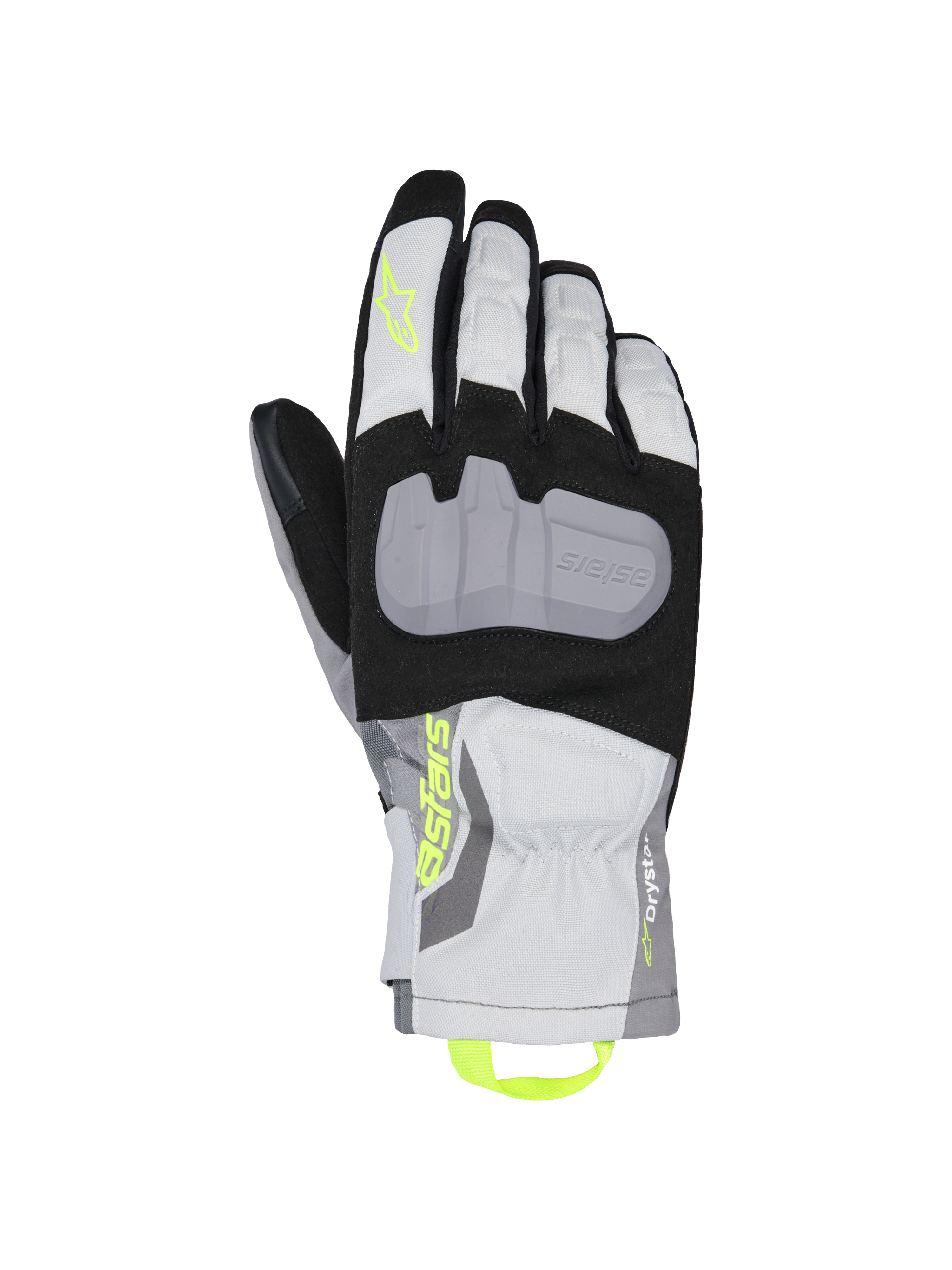 Alpinestars XT-3 Drystar Insulated, guantes de moto para turismo, negros, grises y blancos, con una gran placa protectora de nudillos gris, logotipos Astars y tirador en amarillo neón, construcción textil impermeable con puño de longitud media