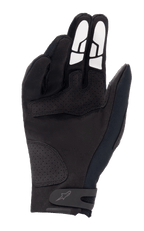 Guantes Alpinestars Thermo Shielder, guantes de motocross negros, vista de la palma que muestra la construcción de ante sintético, refuerzos perforados, patrones de agarre de silicona blanca en los dedos y correa de ajuste en la muñeca con logo.