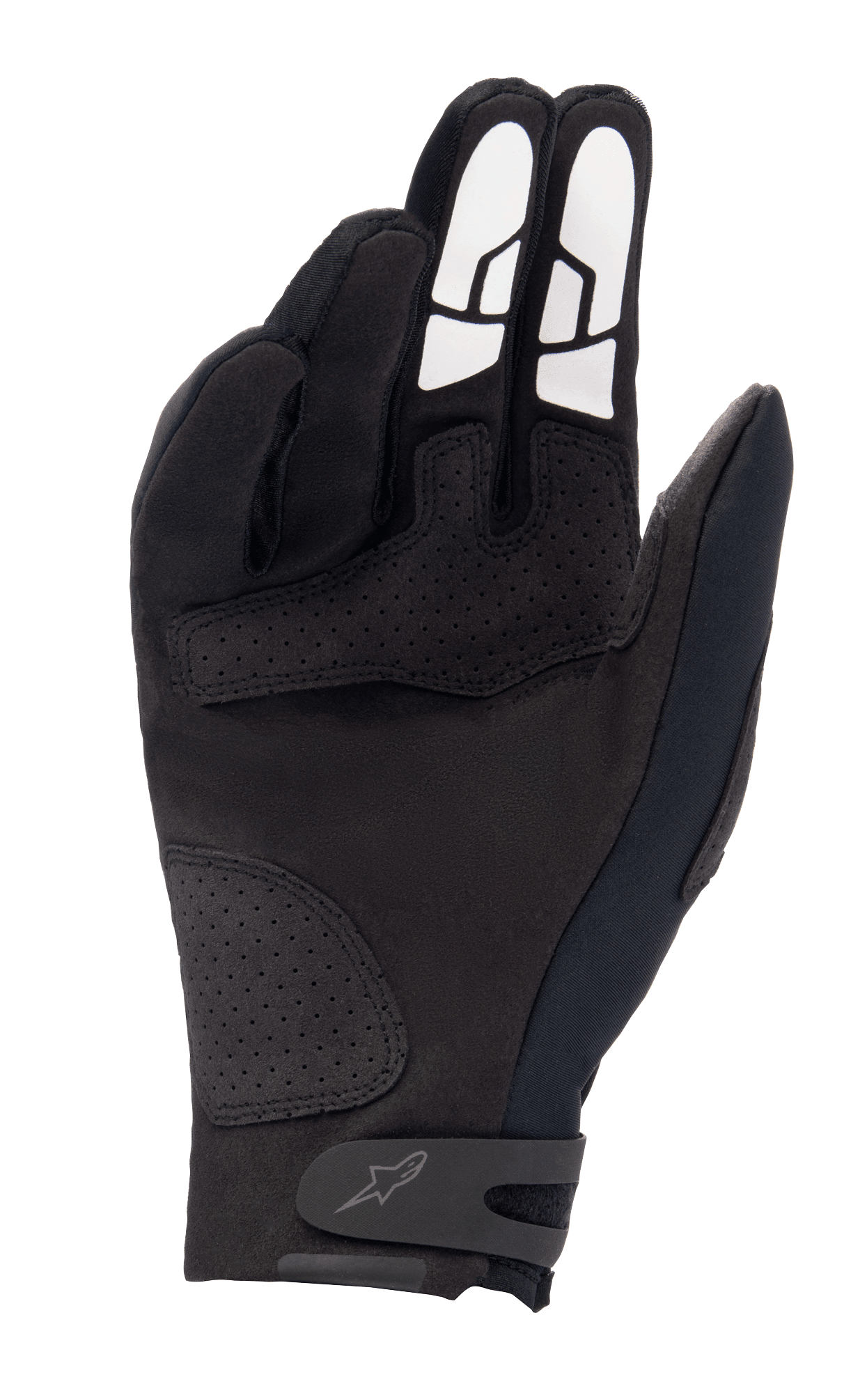 Guantes Alpinestars Thermo Shielder, guantes de motocross negros, vista de la palma que muestra la construcción de ante sintético, refuerzos perforados, patrones de agarre de silicona blanca en los dedos y correa de ajuste en la muñeca con logo.