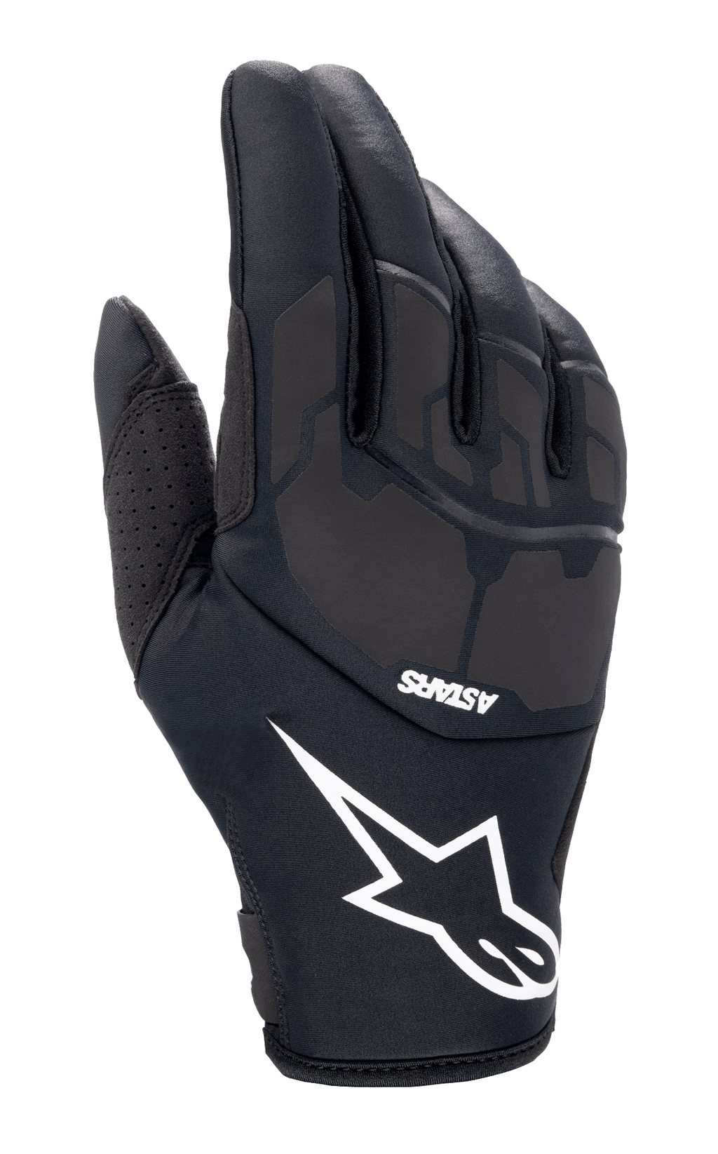 Alpinestars Thermo Shielder Gloves, guantes de motocross negros con un gran logotipo de estrella blanca y marca ASTARS, dorso acolchado con detalles laminados por láser, construcción de neopreno para climas fríos y ventilación perforada en el pulgar.