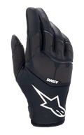 Alpinestars Thermo Shielder Gloves, guantes de motocross negros con un gran logotipo de estrella blanca y marca ASTARS, dorso acolchado con detalles laminados por láser, construcción de neopreno para climas fríos y ventilación perforada en el pulgar.