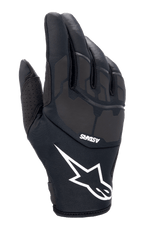 Alpinestars Thermo Shielder Gloves, guantes de motocross negros con un gran logotipo de estrella blanca y marca ASTARS, dorso acolchado con detalles laminados por láser, construcción de neopreno para climas fríos y ventilación perforada en el pulgar.