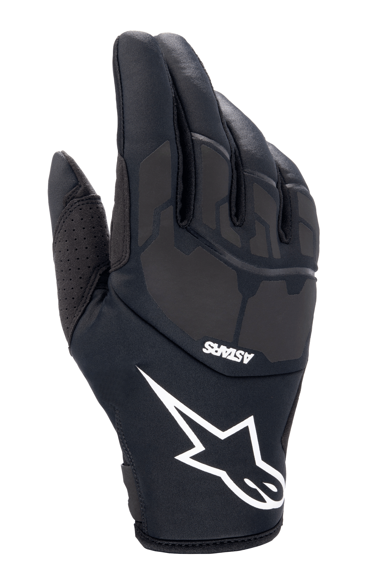 Alpinestars Thermo Shielder Gloves, guantes de motocross negros con un gran logotipo de estrella blanca y marca ASTARS, dorso acolchado con detalles laminados por láser, construcción de neopreno para climas fríos y ventilación perforada en el pulgar.