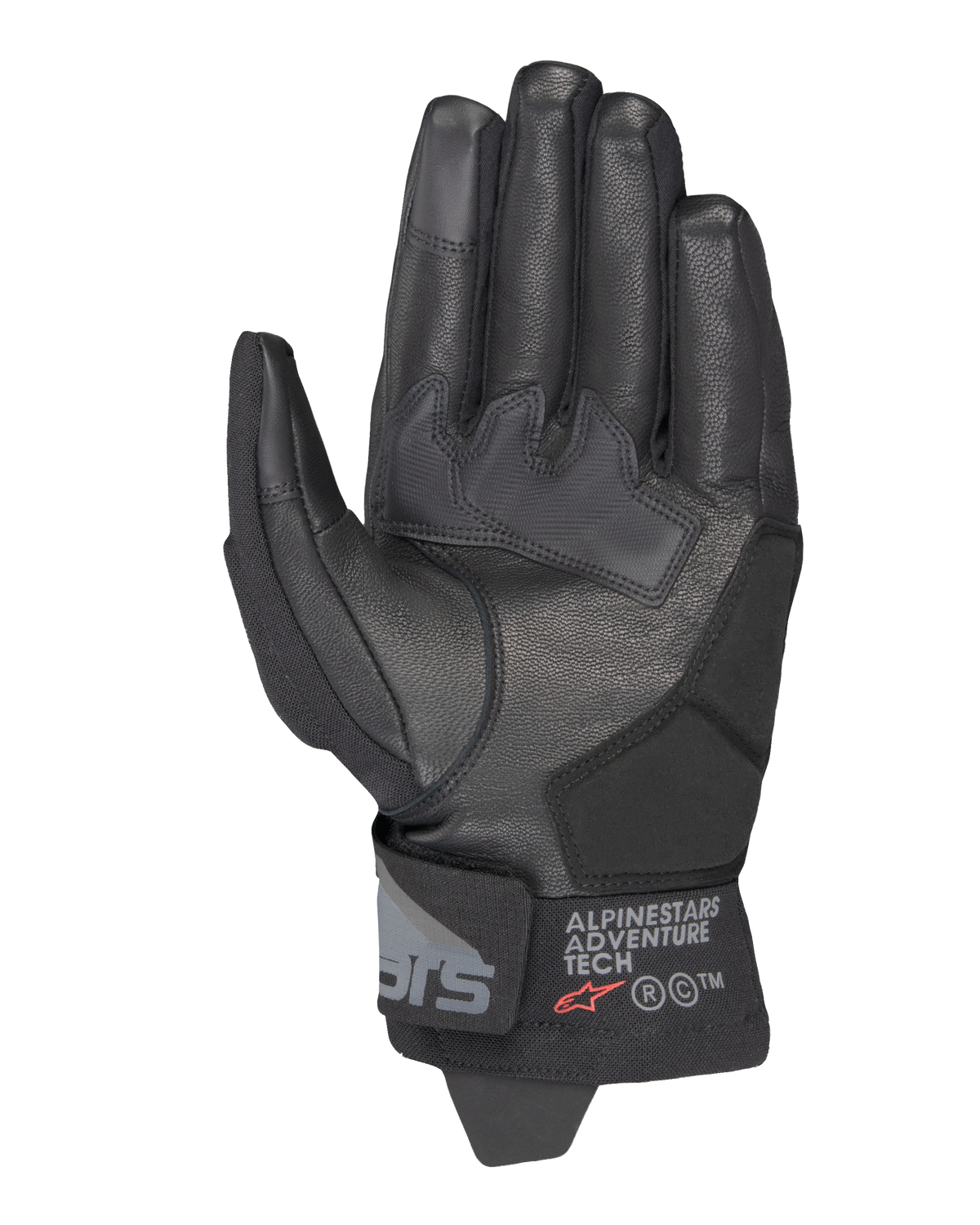 Guantes Alpinestars Corozal V3 Drystar®, negro, vista de la palma que muestra la construcción de cuero con parches reforzados, puño corto con la marca Alpinestars Adventure Tech, puntas de los dedos compatibles con pantallas táctiles, equipamiento de moto de aventura duradero para todo tipo de clima.