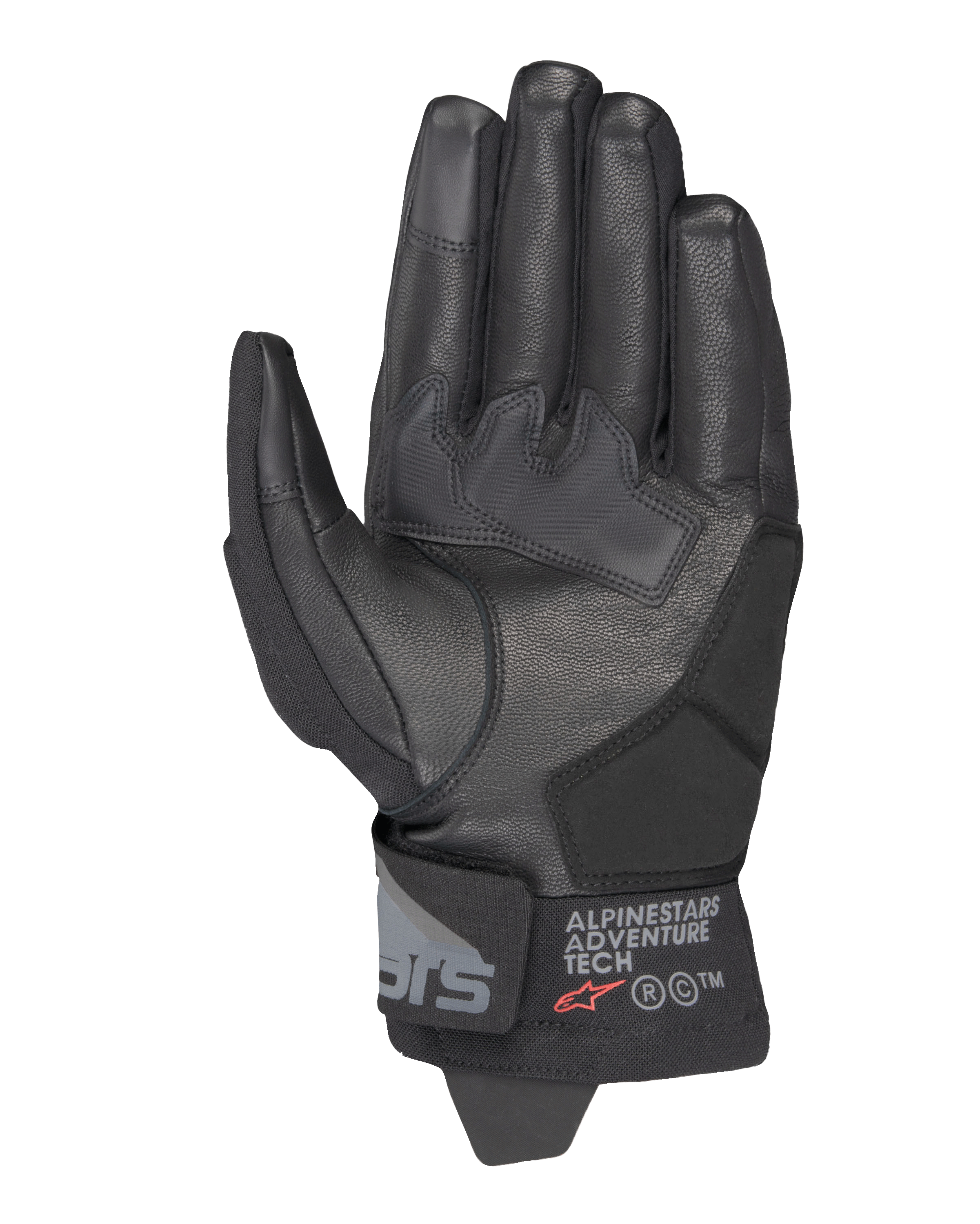 Guantes Alpinestars Corozal V3 Drystar®, negro, vista de la palma que muestra la construcción de cuero con parches reforzados, puño corto con la marca Alpinestars Adventure Tech, puntas de los dedos compatibles con pantallas táctiles, equipamiento de moto de aventura duradero para todo tipo de clima.